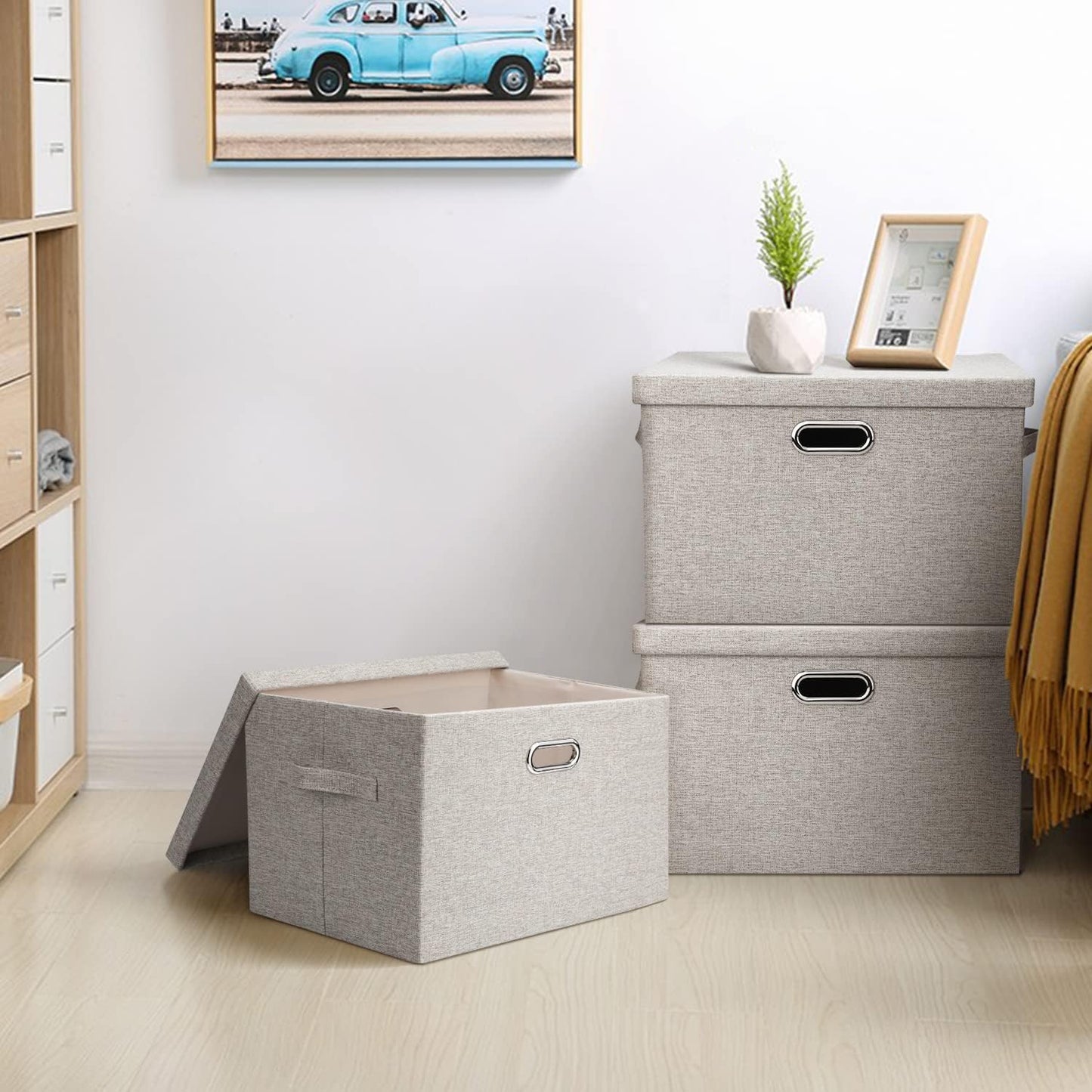 Large Quart Collapsible Stackable Storage Bins with Lids, 3 Packs Beige Linen Fabric Closet Boxes