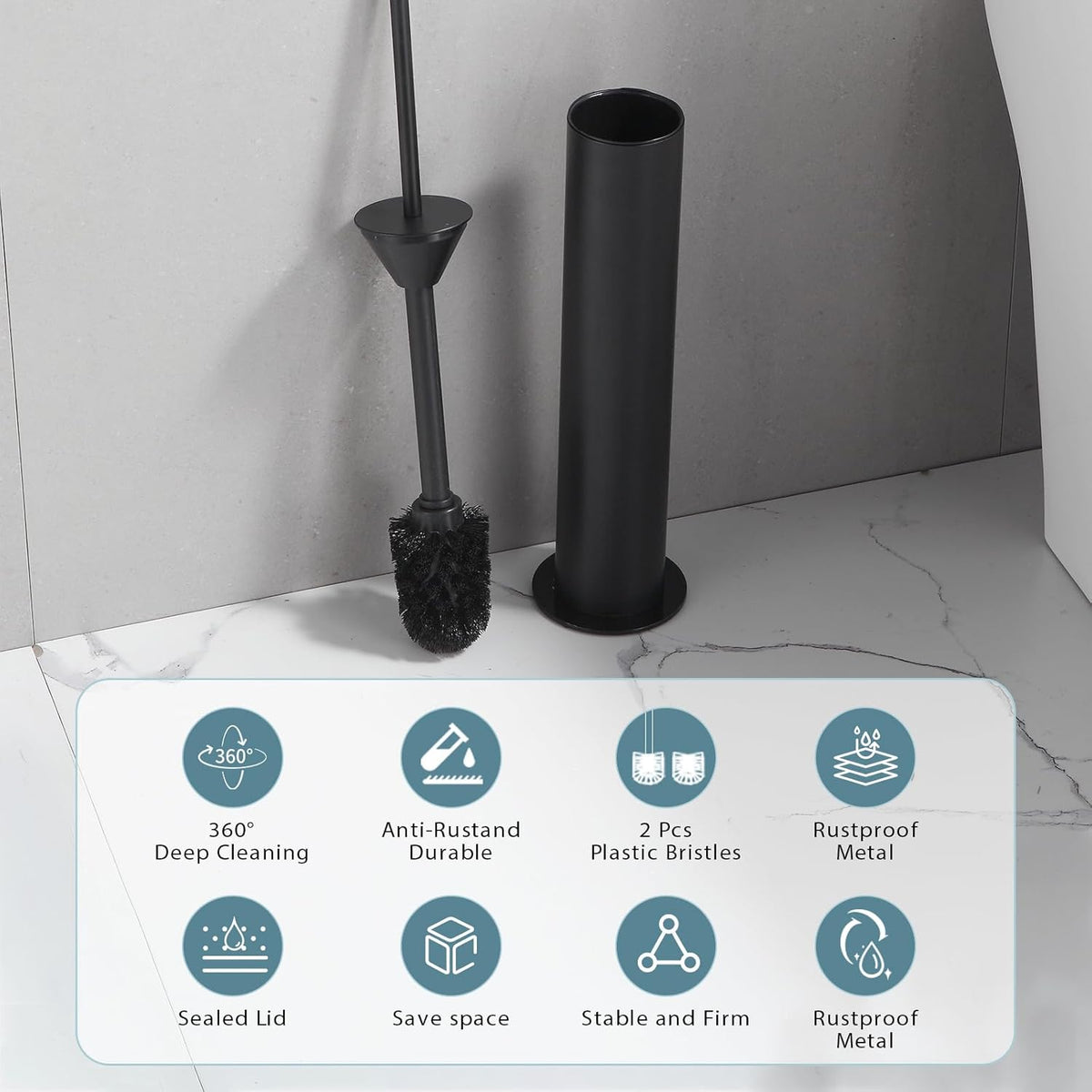 BGL Toilet Brush and Holder Set, Heavy Duty 304 Stainless Steel, Round Base and Long Handle for