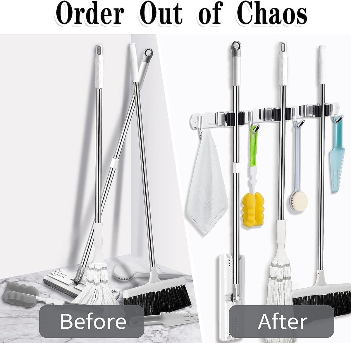 2 Pack 3 Racks and 4 Hooks Broom and Mop Holder Wall Mounted Garage Organizer Storage Tool Racks