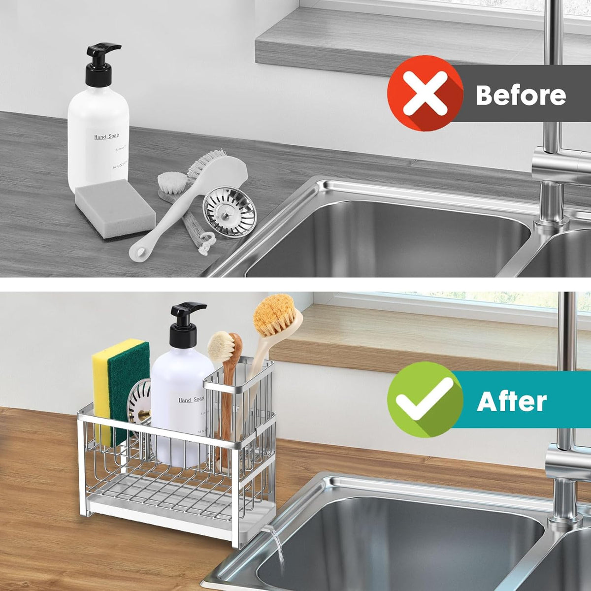 Sinnsally Kitchen Sponge Holder,2 Tier Sink Caddy Organizer with High Brush Holder,Stainless Steel