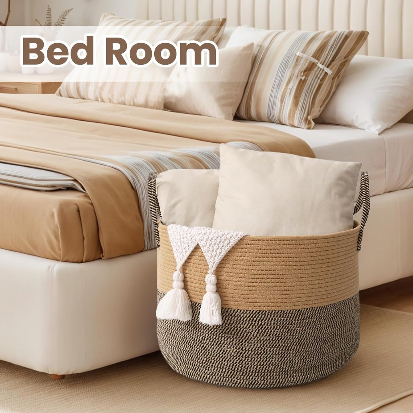 Woven Blanket Basket,115L Large Rope Storage Bin with Handles, Organizer for Blankets Toys Book and