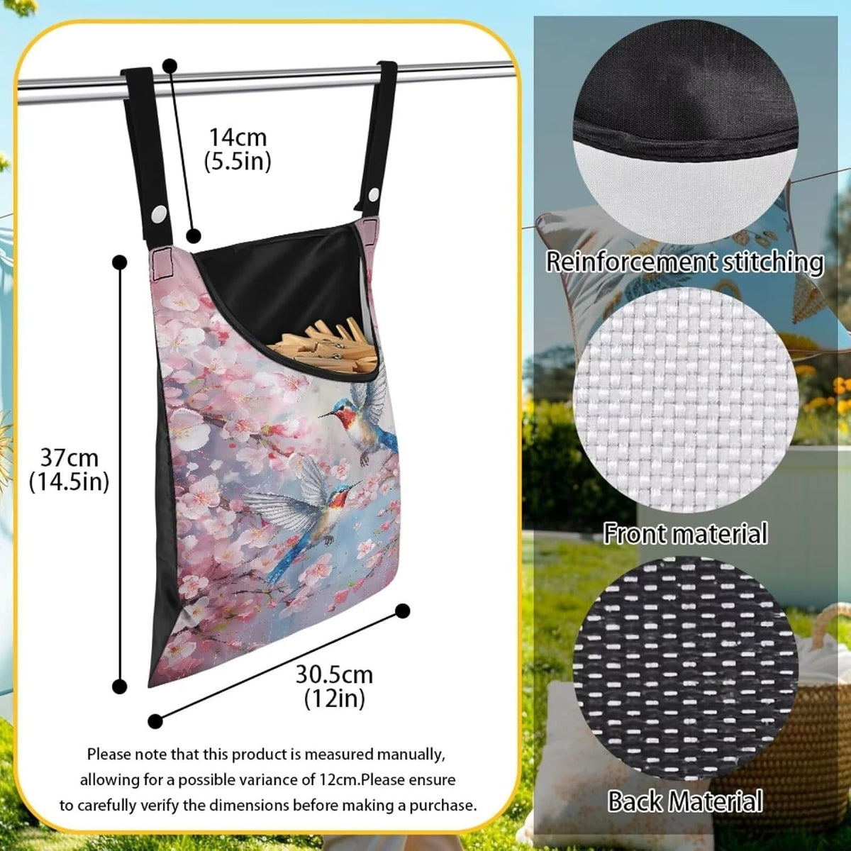 Hummingbird Clothespin Bag with Hanging Hook Cherry Blossom Clothes Pin Holder Waterproof