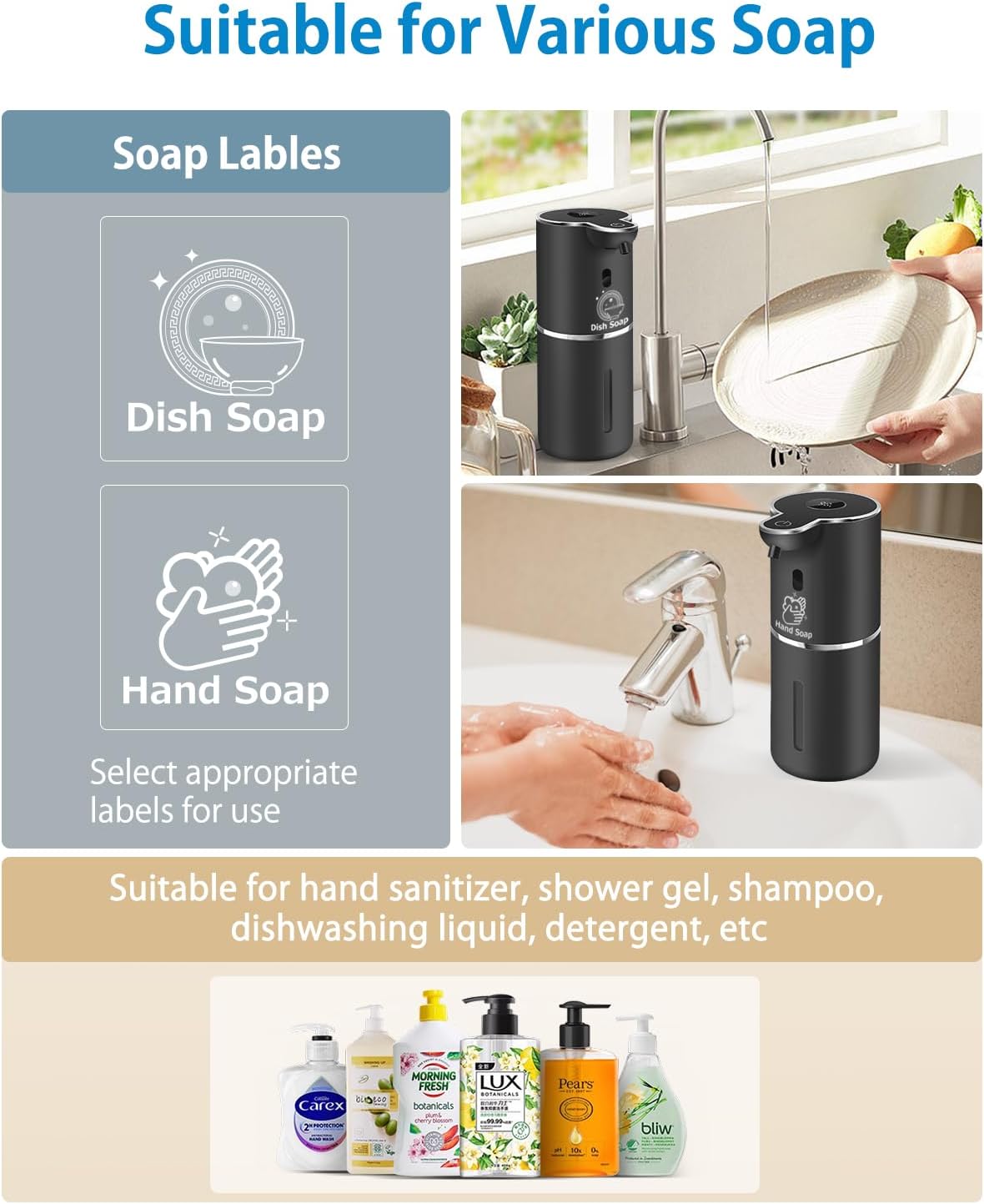 Automatic Liquid Soap Dispenser 12.8oz, Rechargeable & 6 Levels Soap Adjustable with Digital