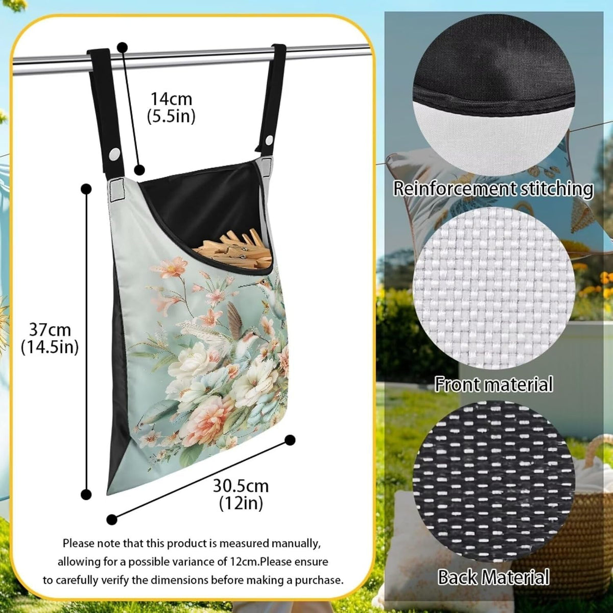 Hummingbird Floral Clothes Pin Bag to Hang On Line Reusable Clothespin Holder Laundry Room