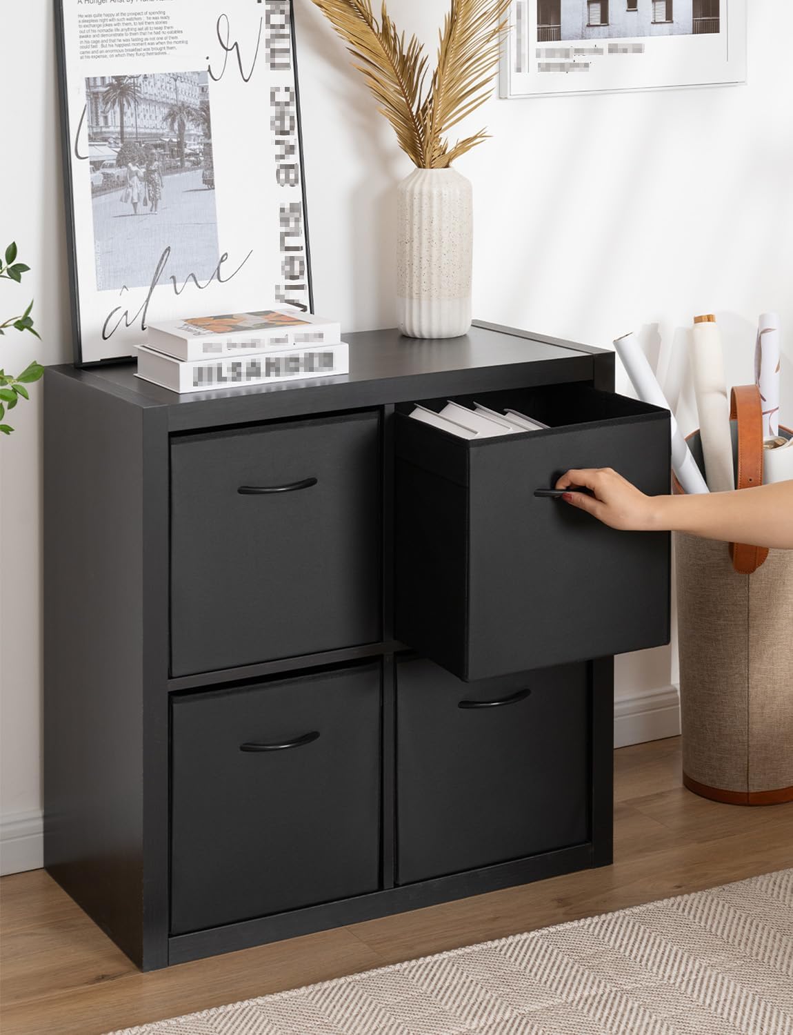 StorageWorks Black Storage Cubes, 13-inch Leather Bins with Handle, Cube Organizer Baskets for