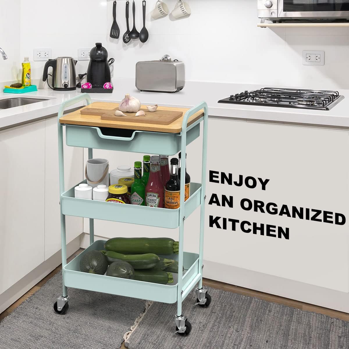 3 Tier Rolling Cart, Utility Cart with Drawer and Table Top, Metal Rolling Kitchen Storage