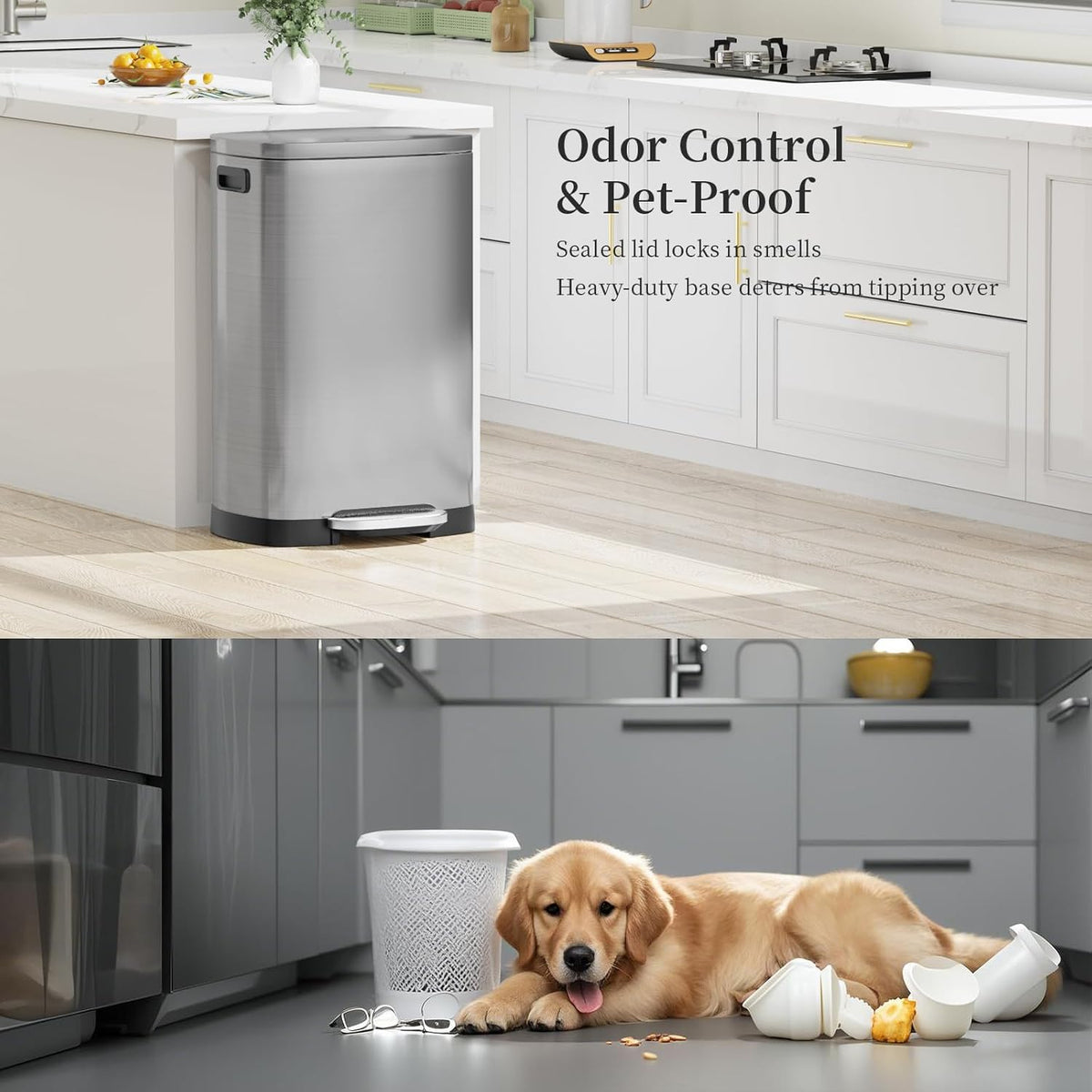 13 Gallon Trash Can with Lid, 50L Fingerprint Proof Stainless Steel Kitchen Trash Can with