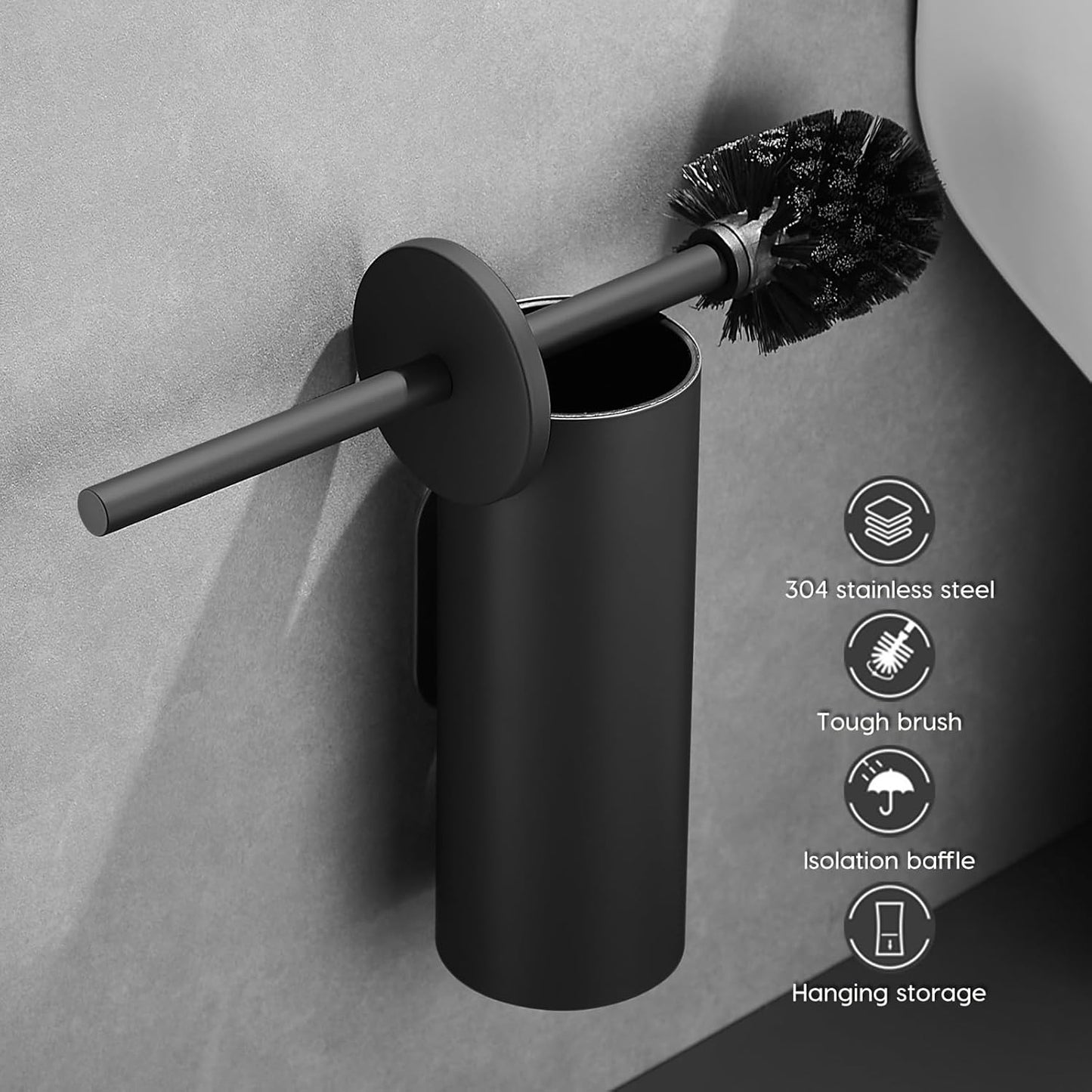 Toilet Bowl Brush and Holder, 304 Stainless Steel No-Punch Hook Base Dual Purpose Toilet Brush