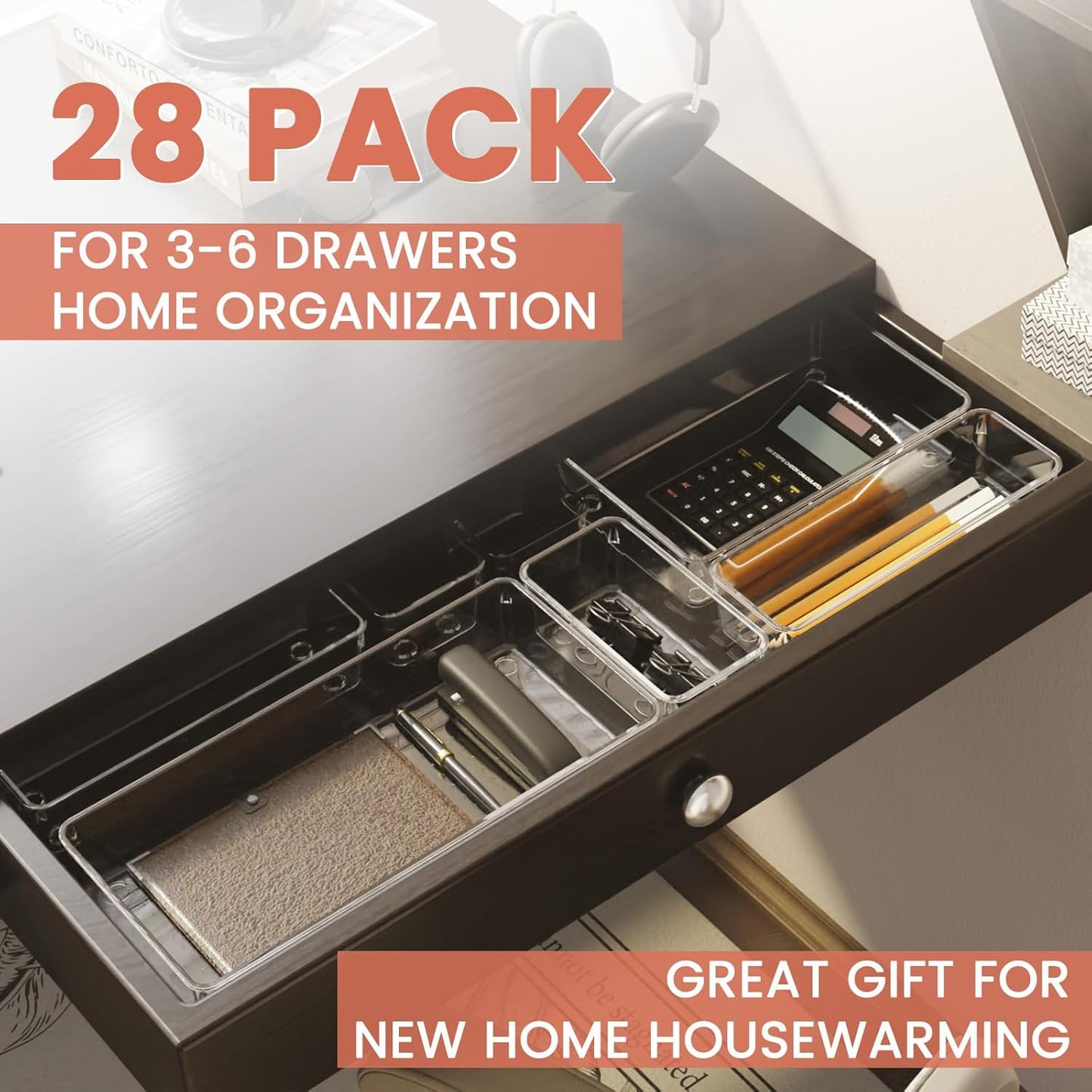 Large Clear Plastic Drawer Organizer 28 Pack - 5 Sizes (XL to small) Acrylic Drawer Organizer Trays