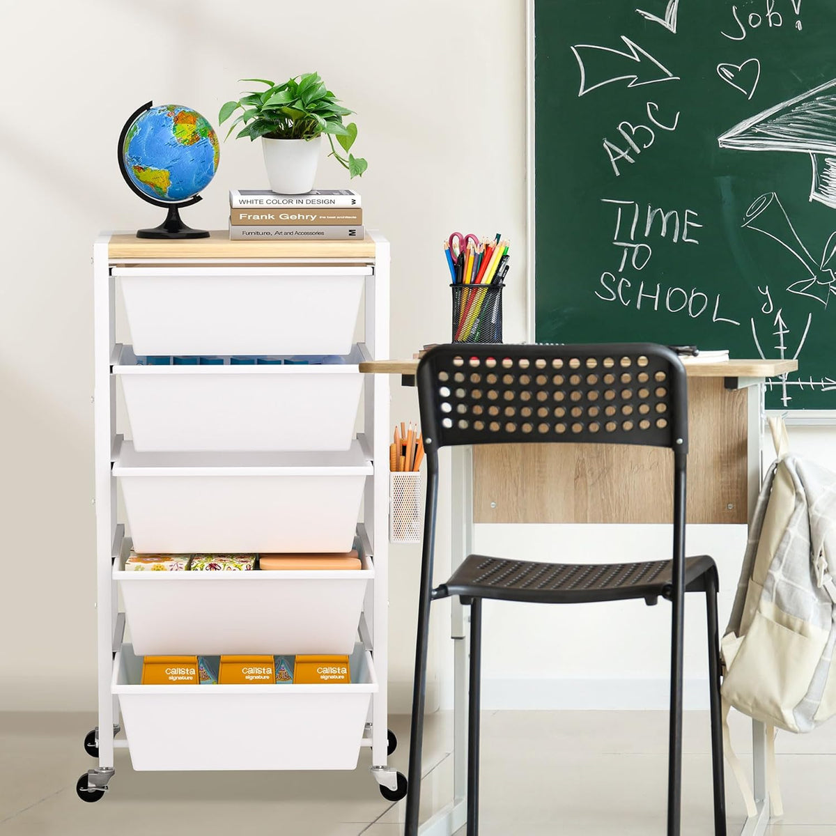 Rolling Cart with Drawers, Rolling Storage Cart with 5 Large Plastic Drawers & Wooden Tabletop