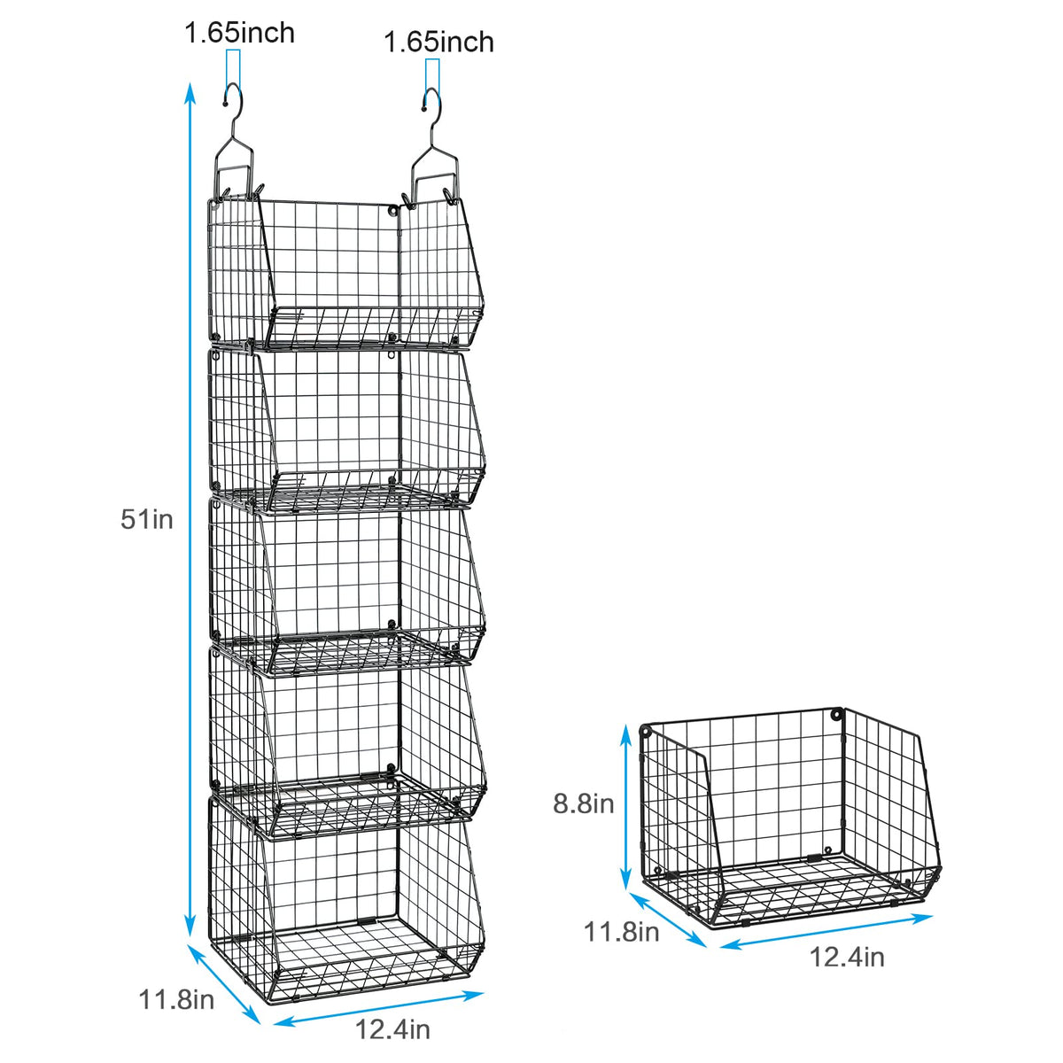 X-cosrack 5 Tier Closet Hanging Organizer, Clothes Hanging Shelves with 4 Hanging Hooks 5 S Hooks