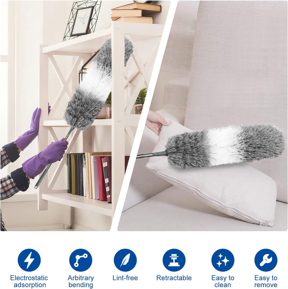 Microfiber Feather Dusters for Cleaning, Extendable Duster with 110" Extension Pole & 2pcs