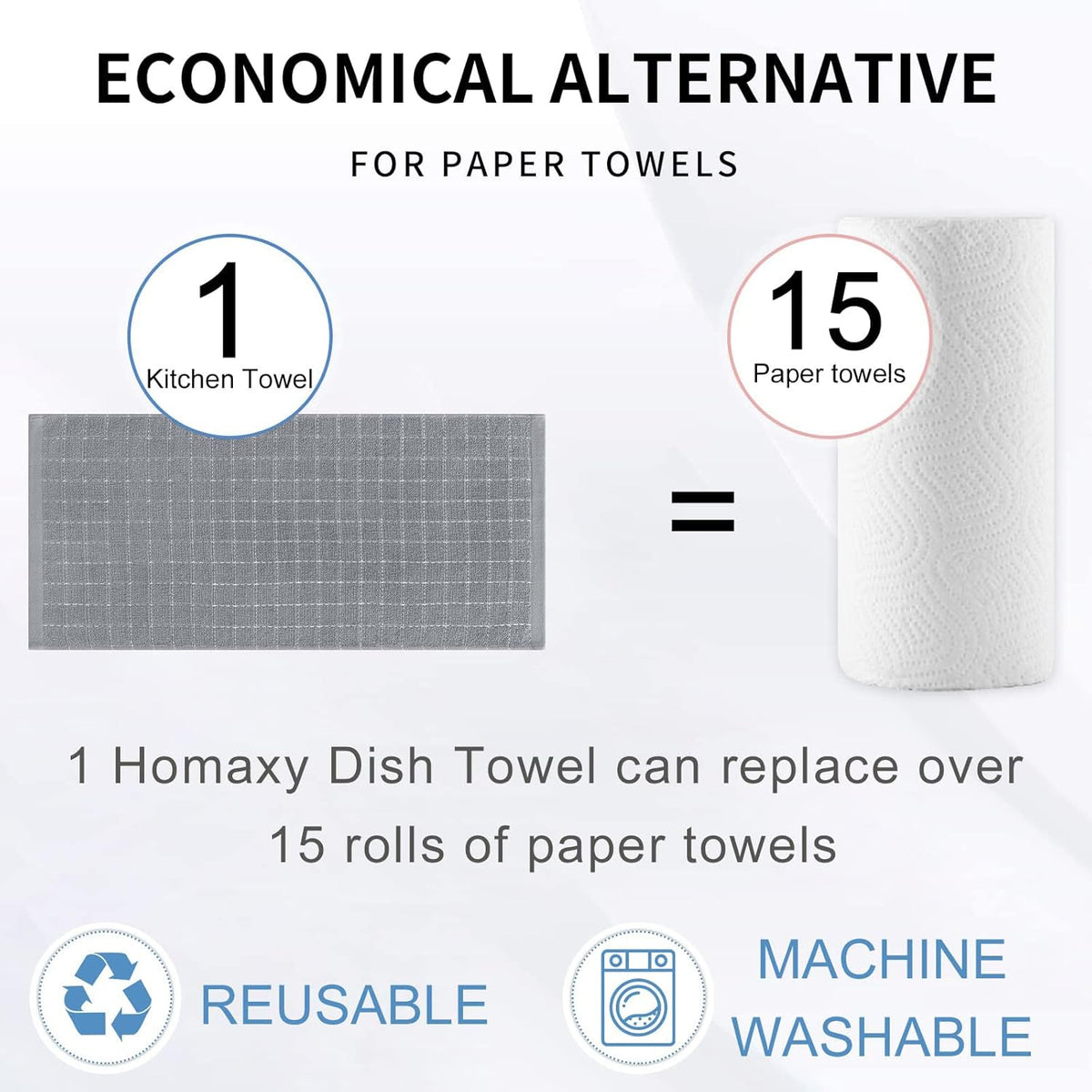 Homaxy 100% Cotton Terry Kitchen Towels(Grey, 13 x 28 inches), Checkered Designed, Soft and Super