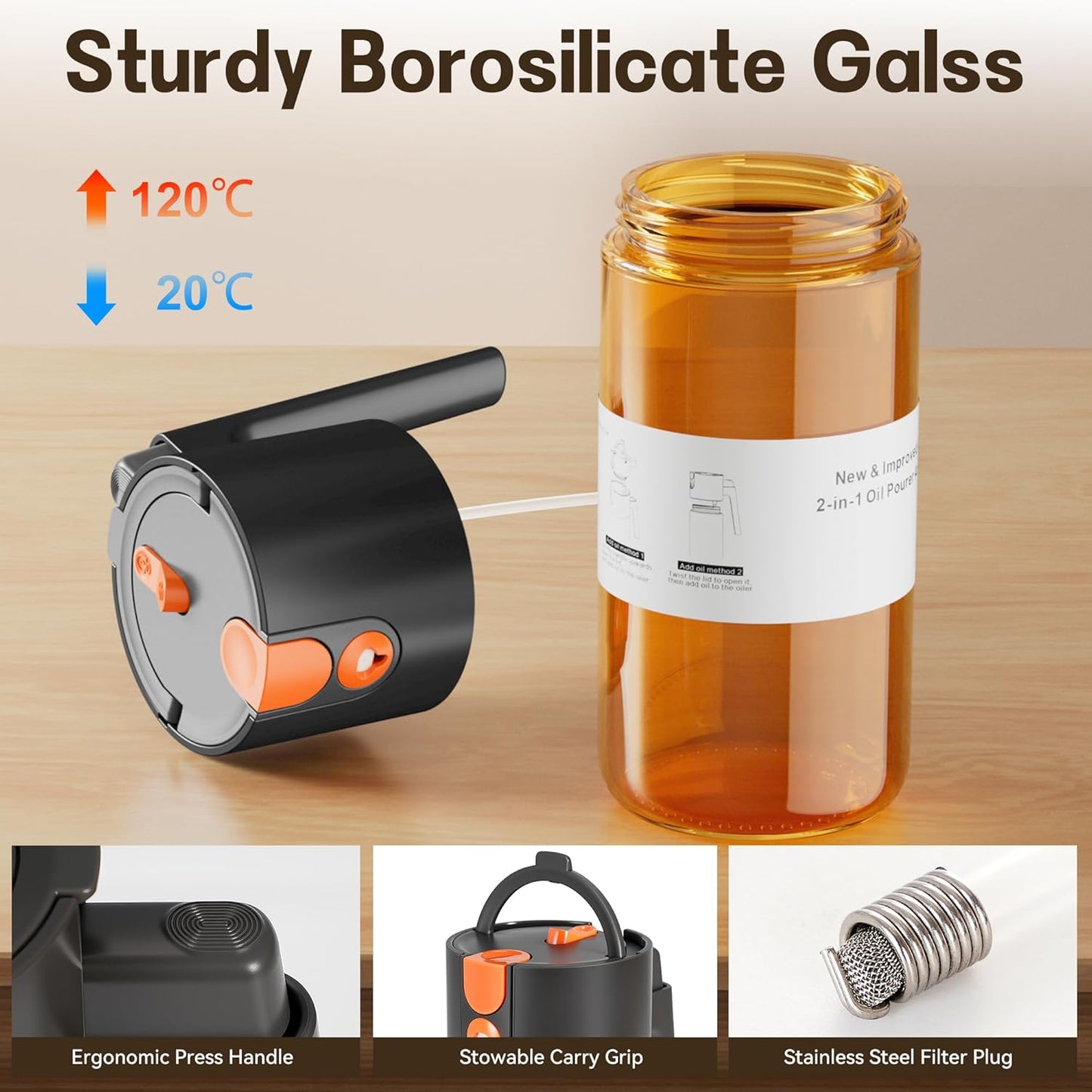 Upgrade 2 in 1 Oil Sprayer for Cooking, 17oz Light-Blocking Glass Olive Oil Dispenser Bottle for