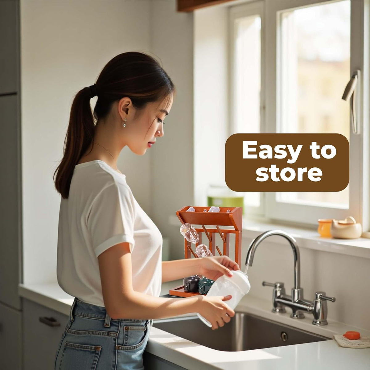 Brown Vertical Bottle Drying Rack Rubber Wood 9 Hooks, Use for Bottles, Cups, Mugs, Glasswine
