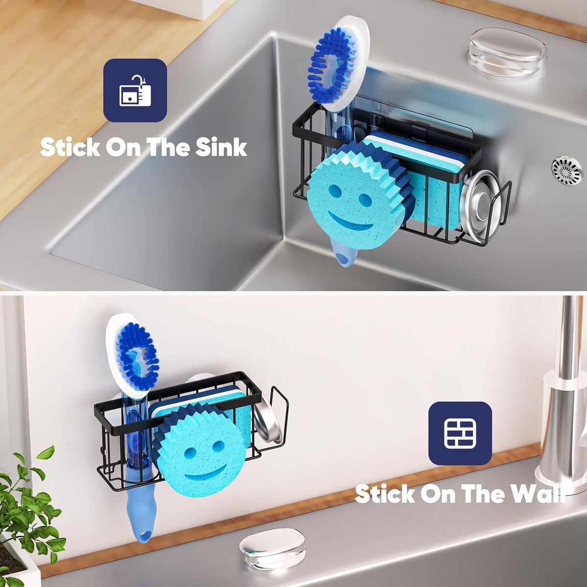Sponge Holder for Kitchen Sink,Sink Caddy Smiley Face,4-in-1 Sponge Holder with Suction Cups & 1
