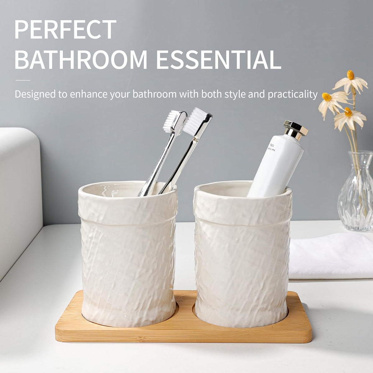 Toothbrush Holder, Tooth Brush Holder for Bathroom - Ceramic Toothbrush Cup Beige Toothbrush