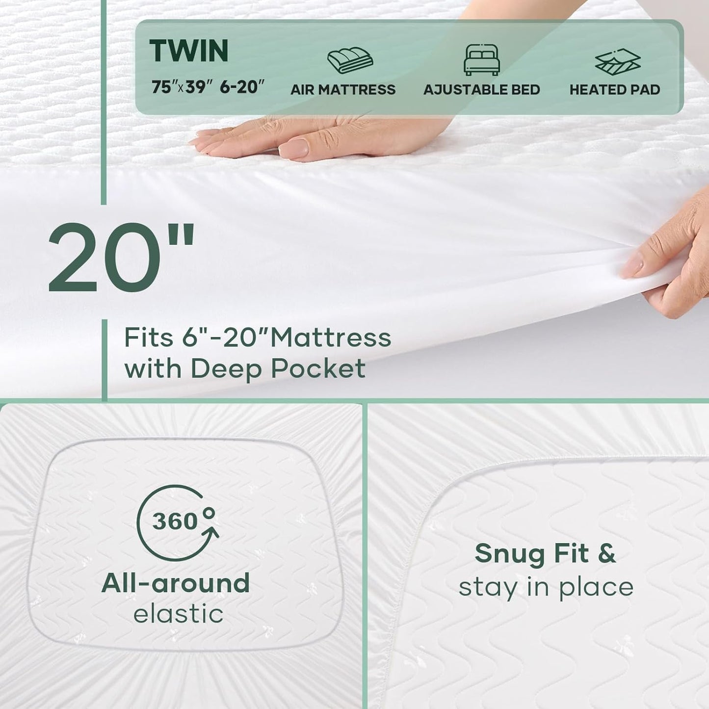 OhGeni 100% Waterproof Twin-2 Pack Mattress Protector, Fitted Sheet with Stretchable Pockets, Deep