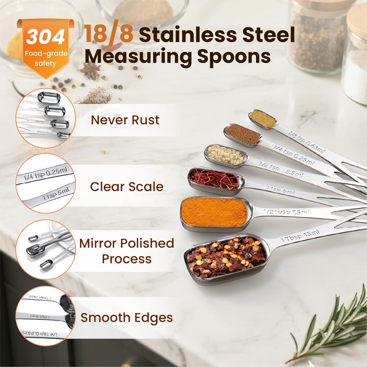 6PCS Narrow Measuring Spoons Set, Stainless Steel Measuring Spoon Fits in Spice Jars, Metal