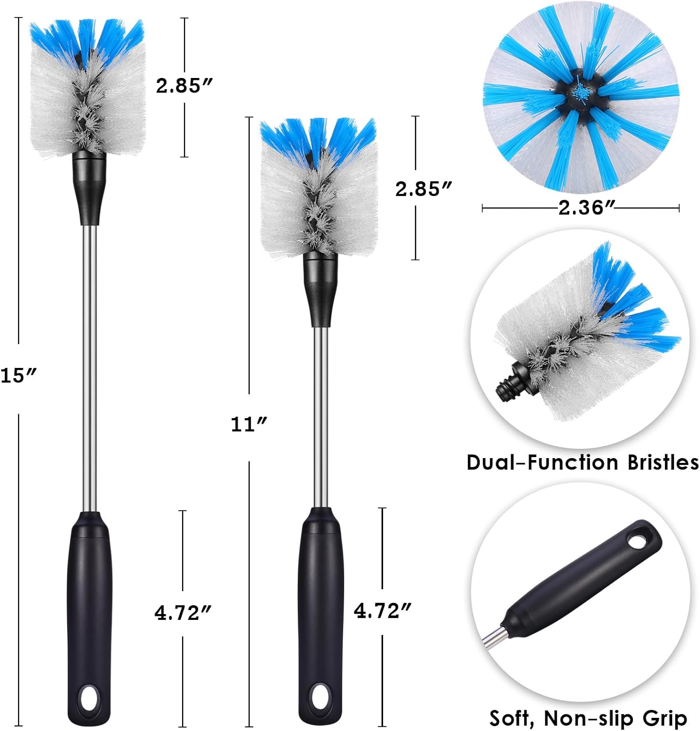 Stainless Steel Bottle Brush with Replaceable Head, 2 Pack Long Handle Scrubbing Brush for Water