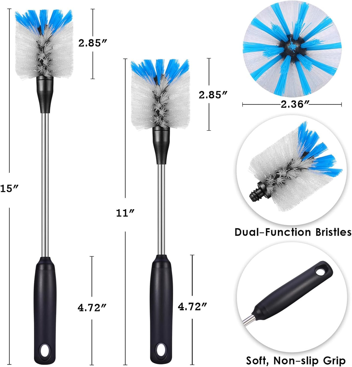 Stainless Steel Bottle Brush with Replaceable Head, 2 Pack Long Handle Scrubbing Brush for Water