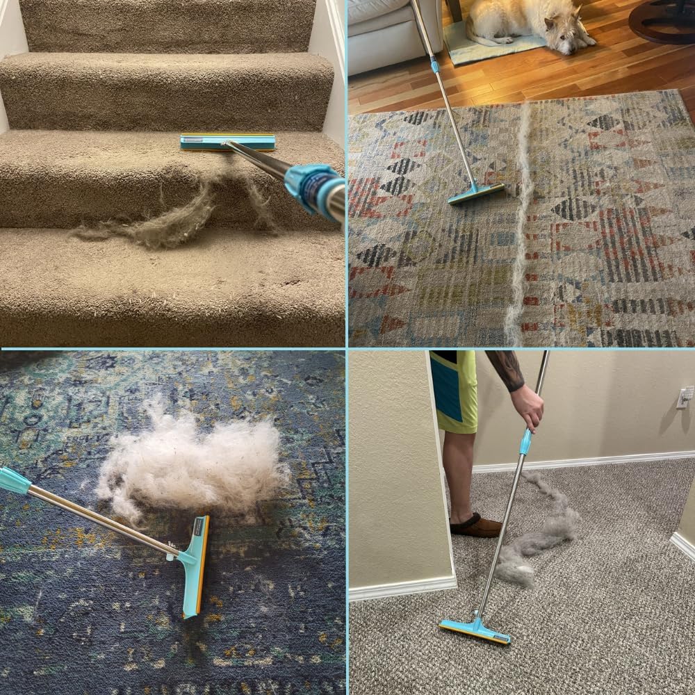 Uproot Cleaner Xtra Pet Hair Removal Tool: Reusable Carpet Rake with Telescopic 60" Handle - As