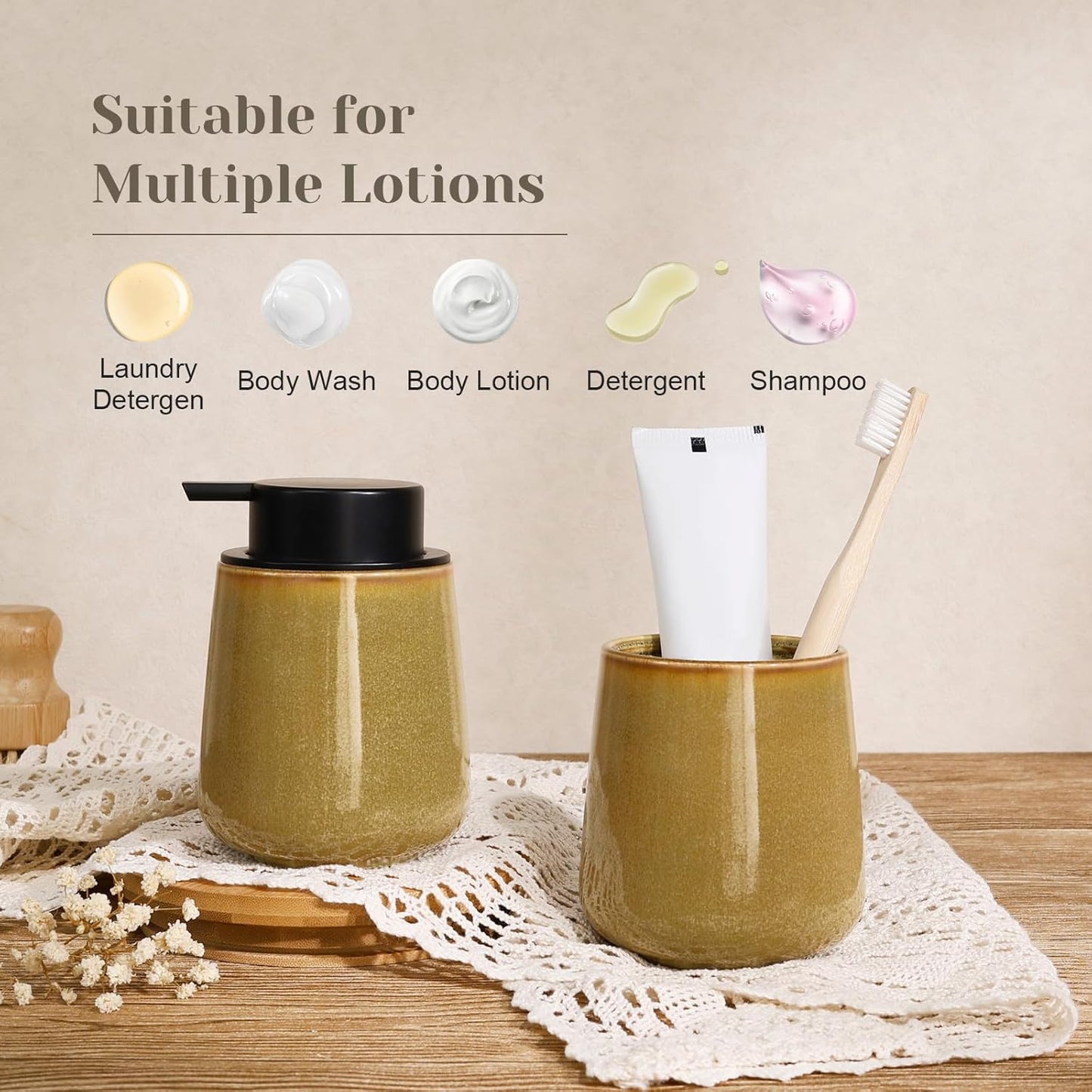 INGOFIN Ceramic Lotion Dispenser - 12 oz Refillable Hand Soap Dispenser Bathroom, Modern Liquid