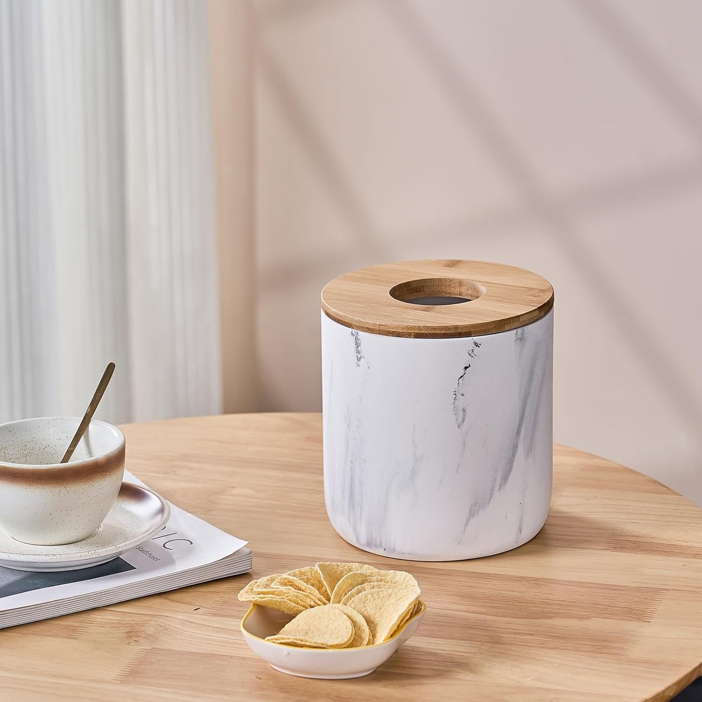 Polytree Marble White Mini Trash Can with Bamboo Lid,Small Countertop Trash Can,Desk Trash