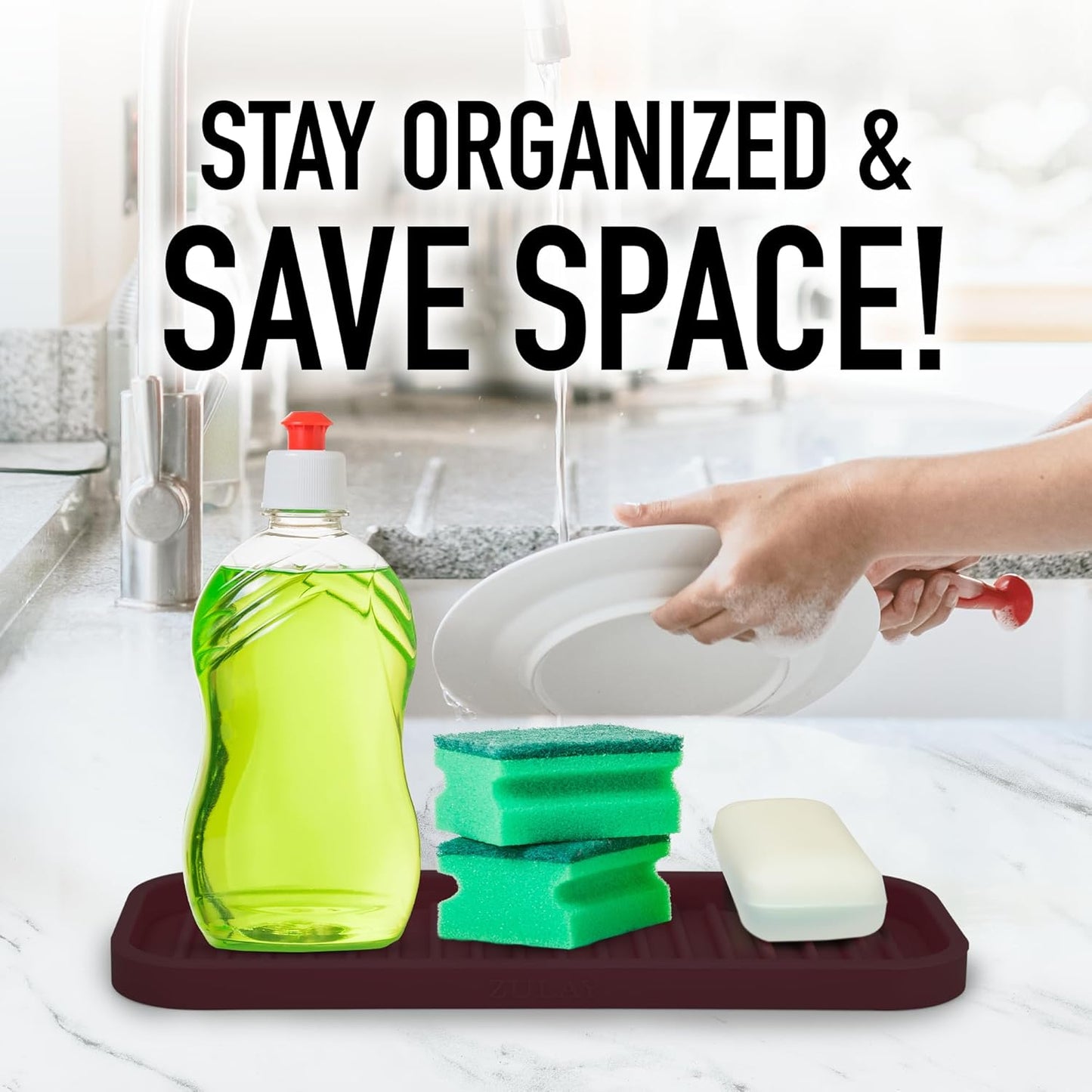 Zulay Kitchen (9x3.5) Silicone Sponge Holder for Kitchen Sink - Flexible Multipurpose Soap Tray