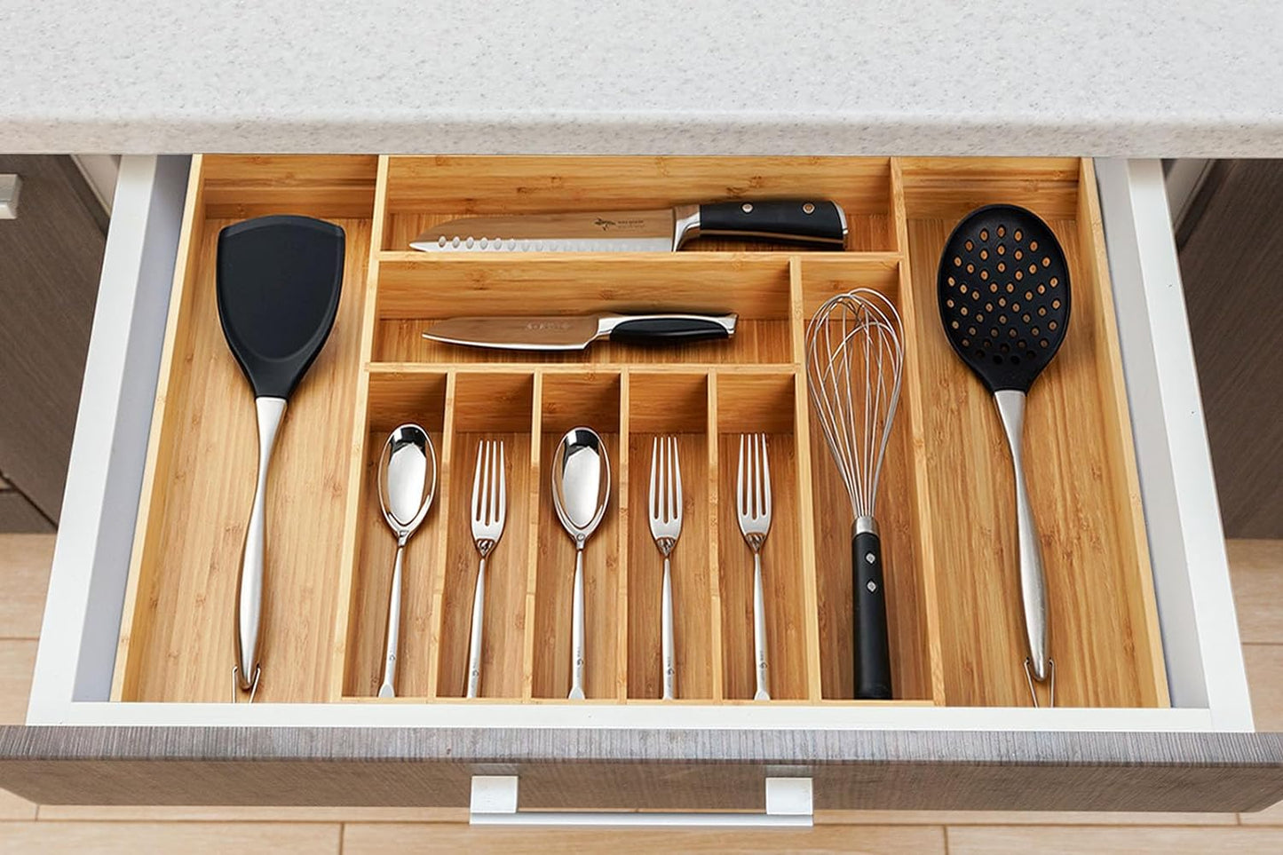 Umilife Extra Large Expandable Kitchen Siverware Utensils Drawer Organizer, 19" Deep for Big