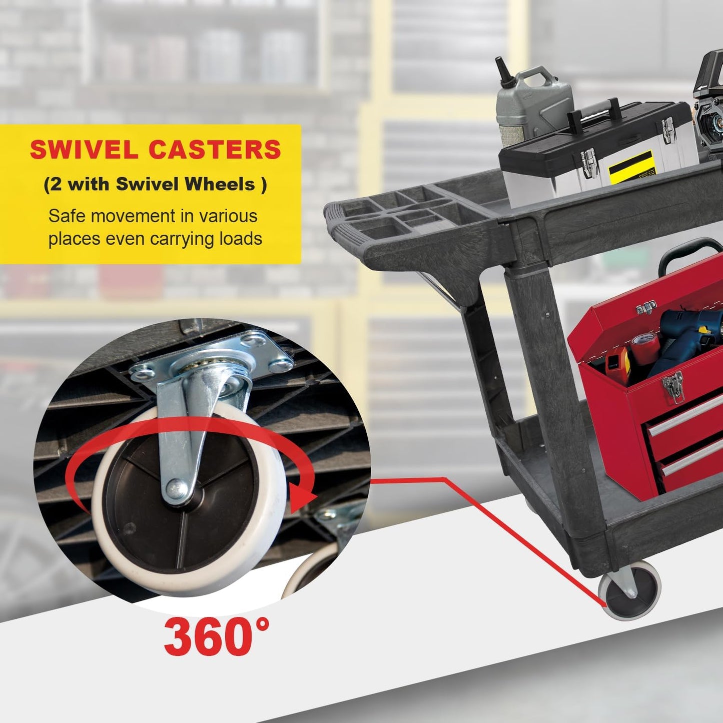 Utility Service Cart, 2-Shelf 500LBS Heavy Duty Plastic Rolling Utility Cart with 360° Swivel