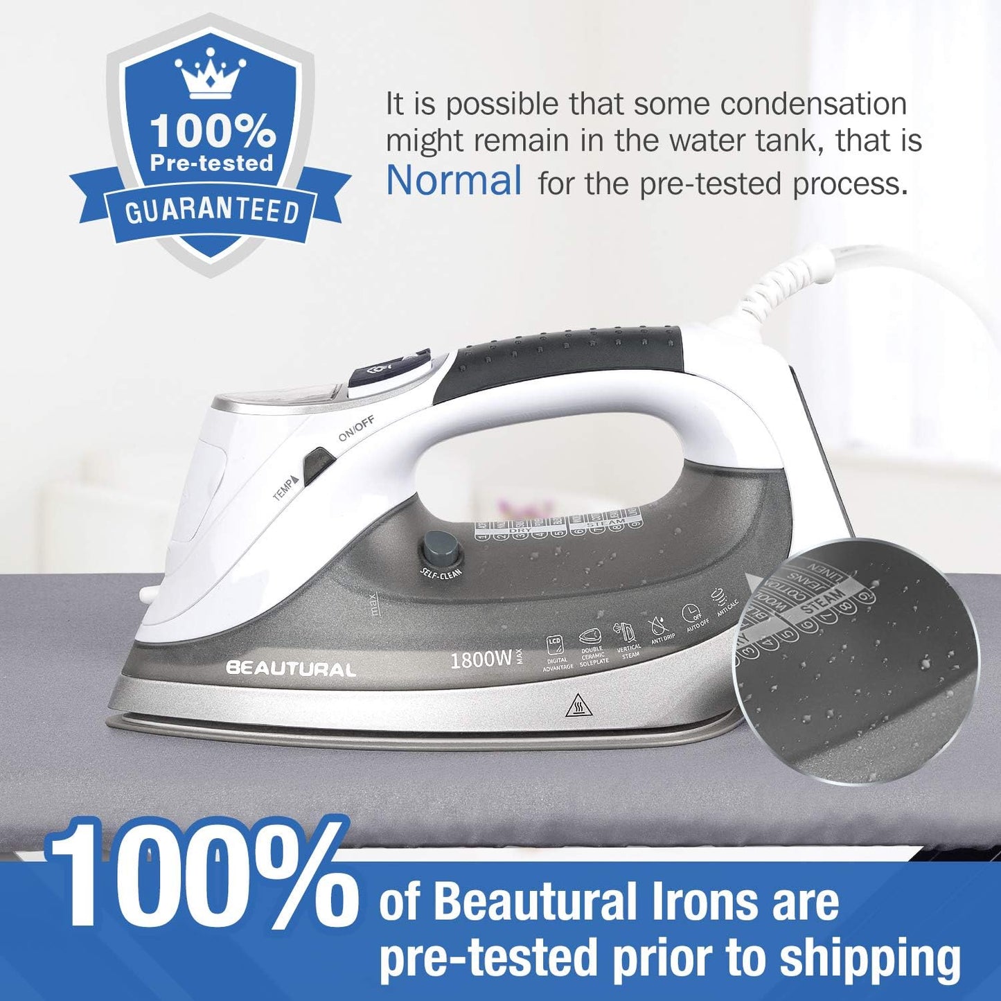 BEAUTURAL 1800-Watt Steam Iron with Digital LCD Screen, Double-Layer and Ceramic Coated Soleplate