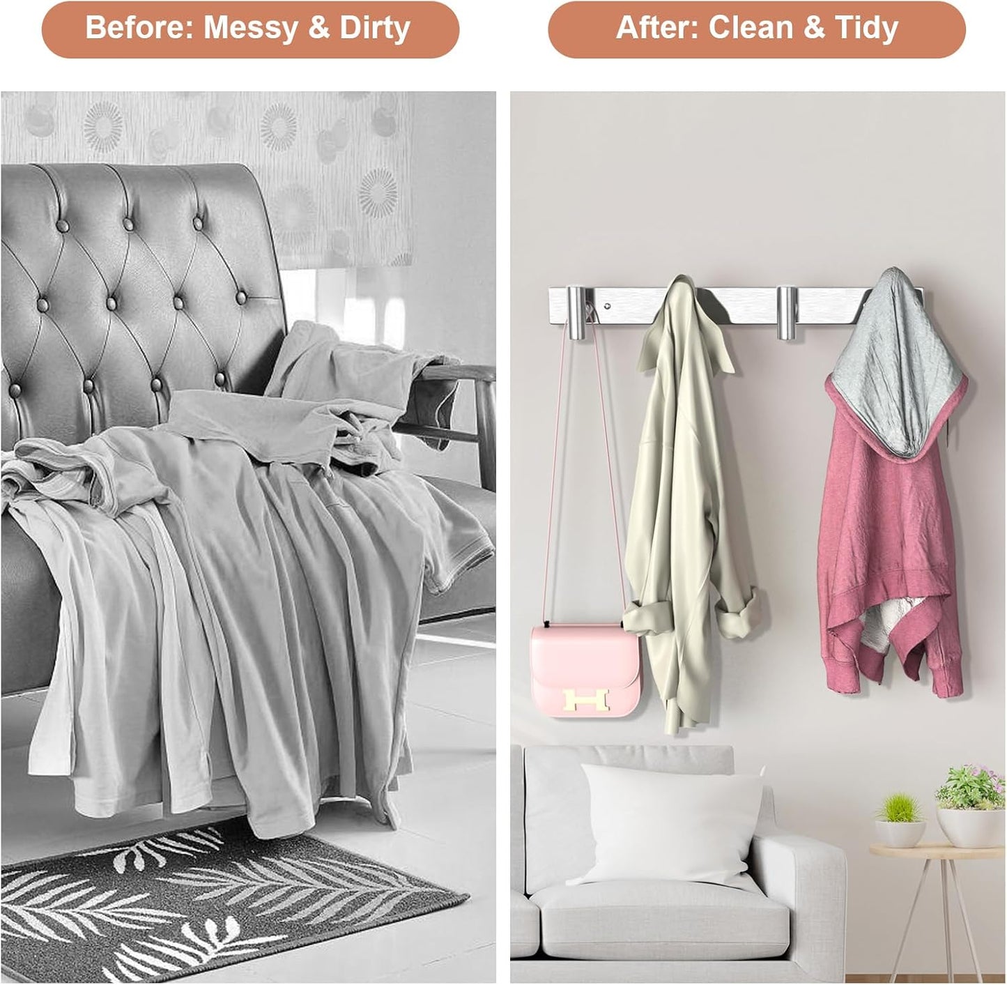VAEHOLD Silver Hat and Coat Wall Mount Rack - Coat Rack with 4 Hooks for Robes, Bags, Keys, and