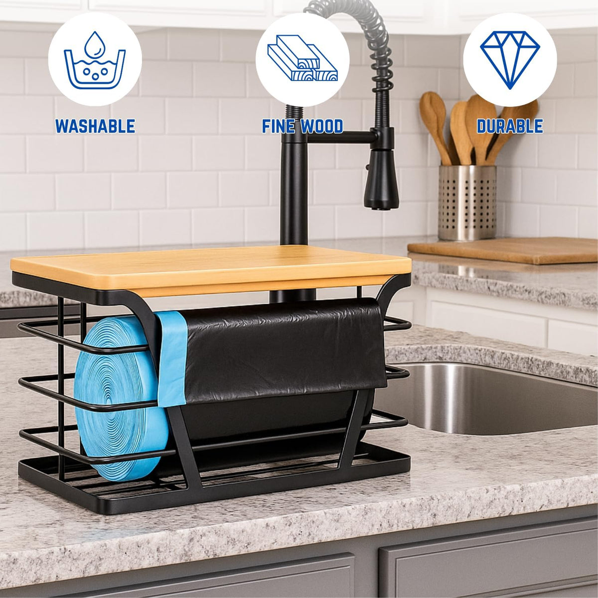 2 - Pack Trash Bag Dispenser with Bamboo Top, Stackable Garbage Bag Holder, Large Capacity Trash