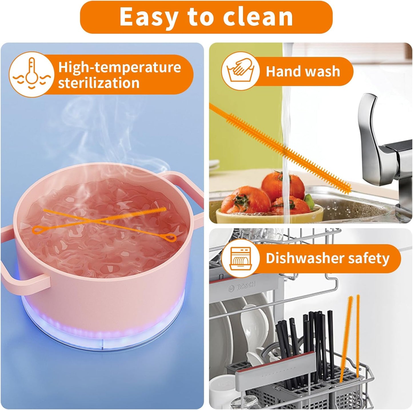 2Pcs Silicone Straw Cleaner Brush, 9.84in Reusable Straw Cleaner with Bendable Steel Core, Extra