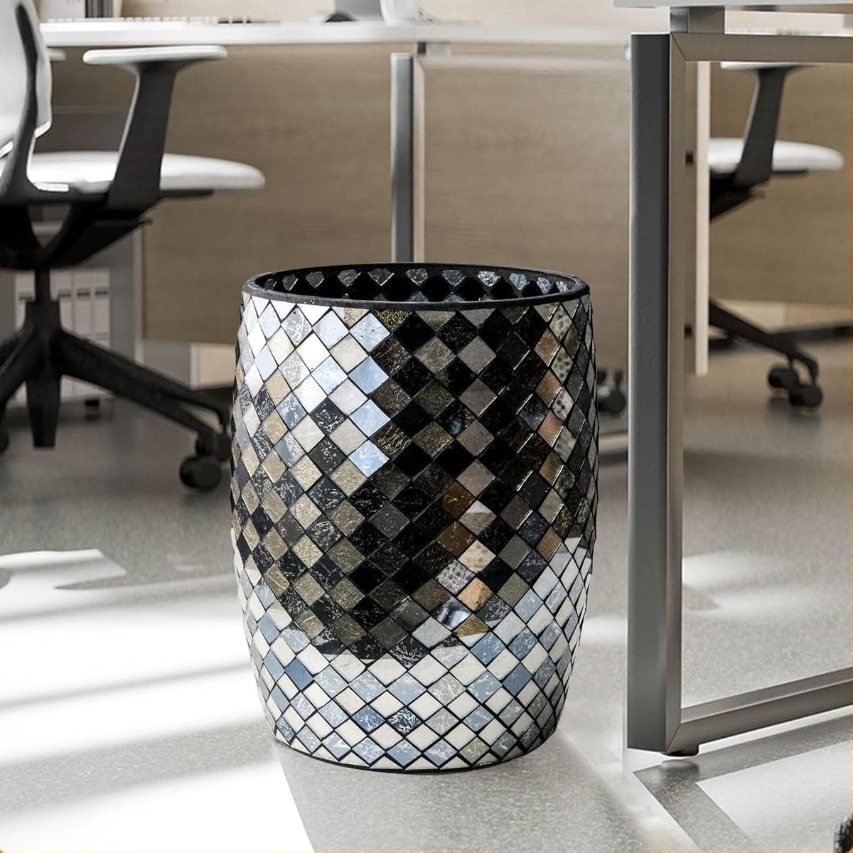 Escenzy Modern Bathroom Trash Can Mosaic Glass 5L | Decorative Small Garbage Can | 7" x 10" |