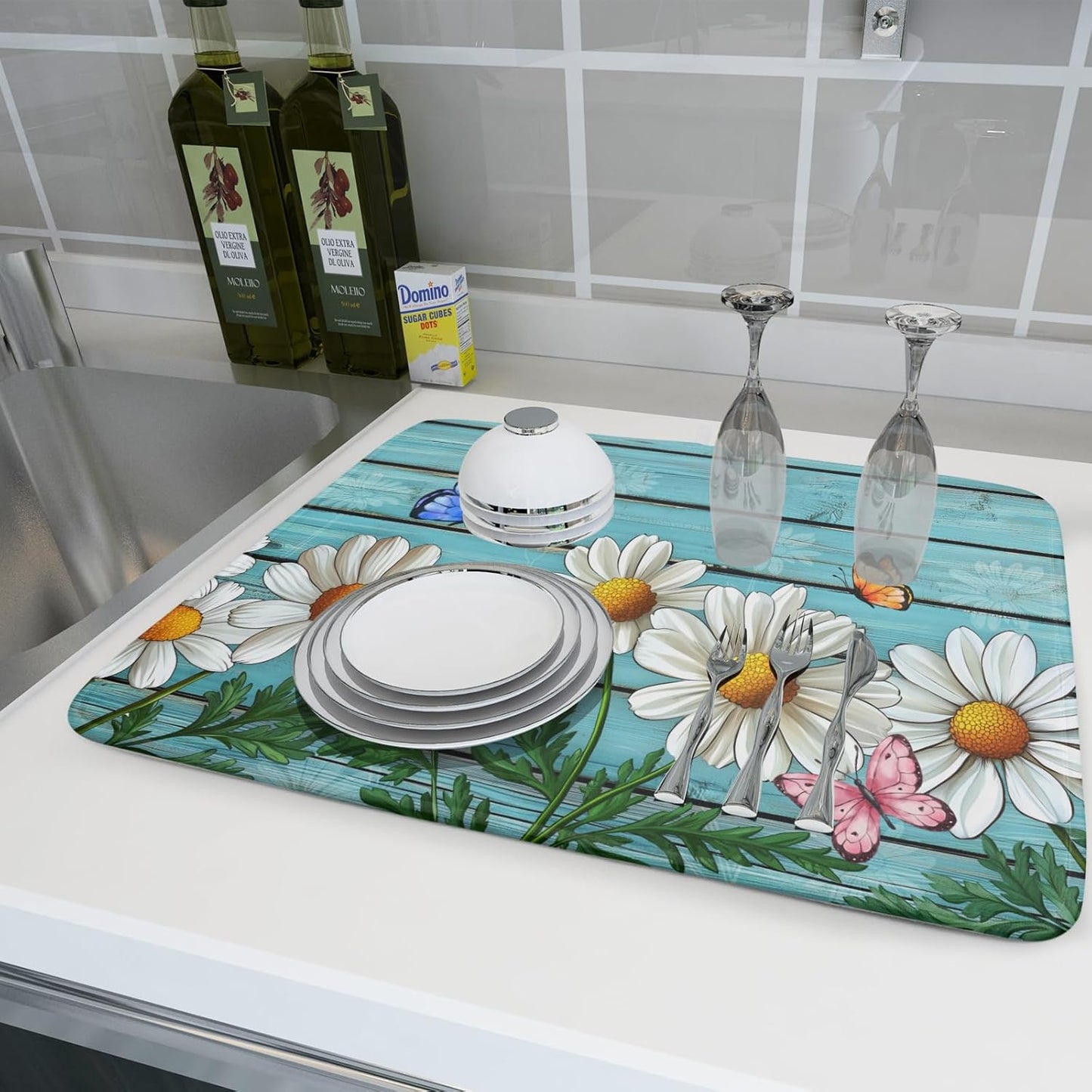 Spring Summer Daisy Flowers Dish Drying Mat for Kitchen Counter 18”x24” Rustic Daisy Absorbent Dish
