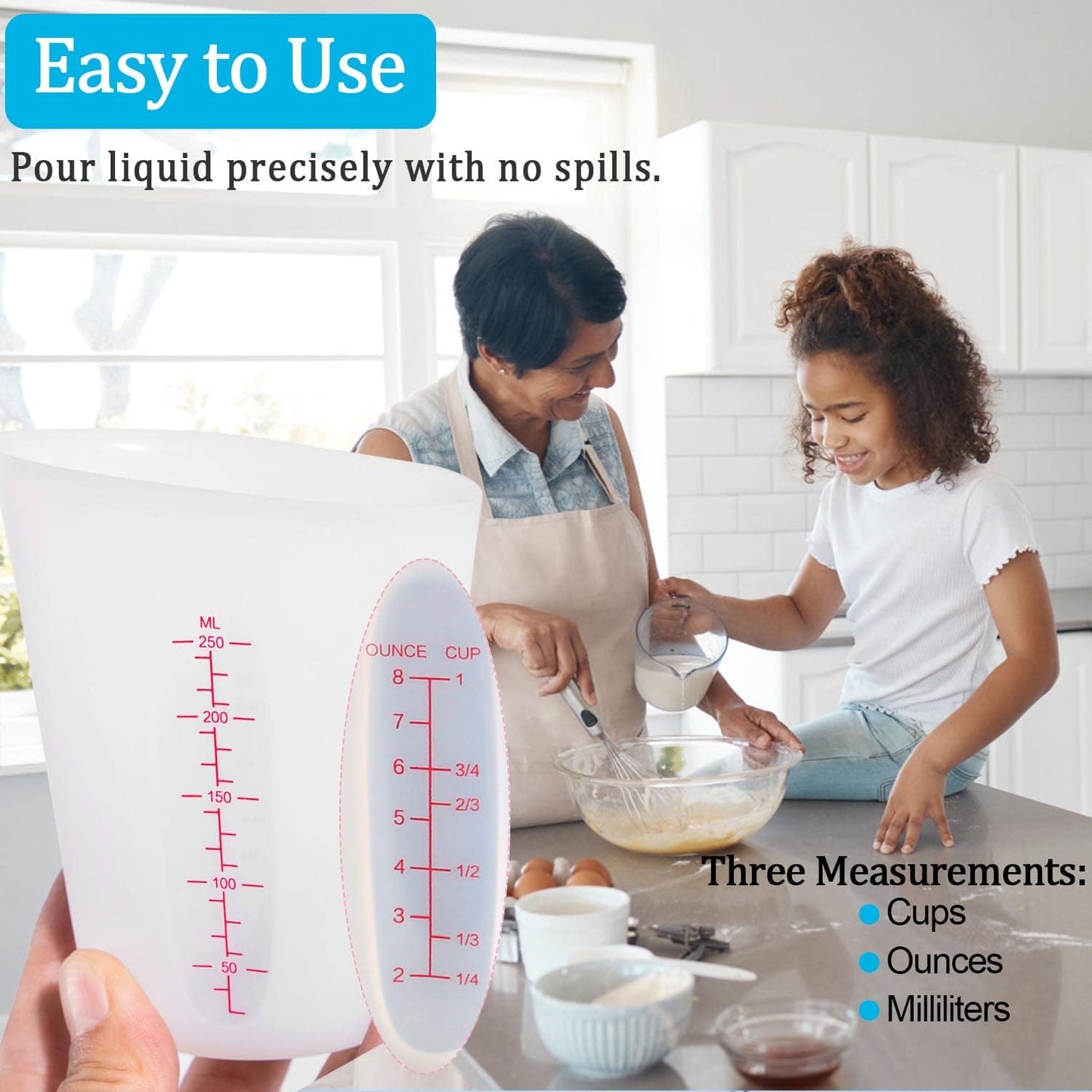 Silicone Measuring Cups, 500ml & 250ml Large Flexible Mixing Cups, 2 Cups Pour Baking Cups for