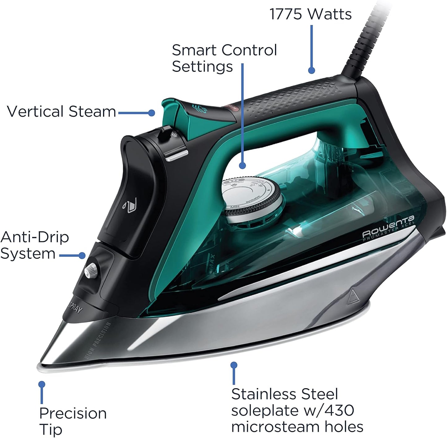 Rowenta Pro Master Stainless Steel Soleplate Steam Iron for Clothes, 210 g/min, 400 Microsteam