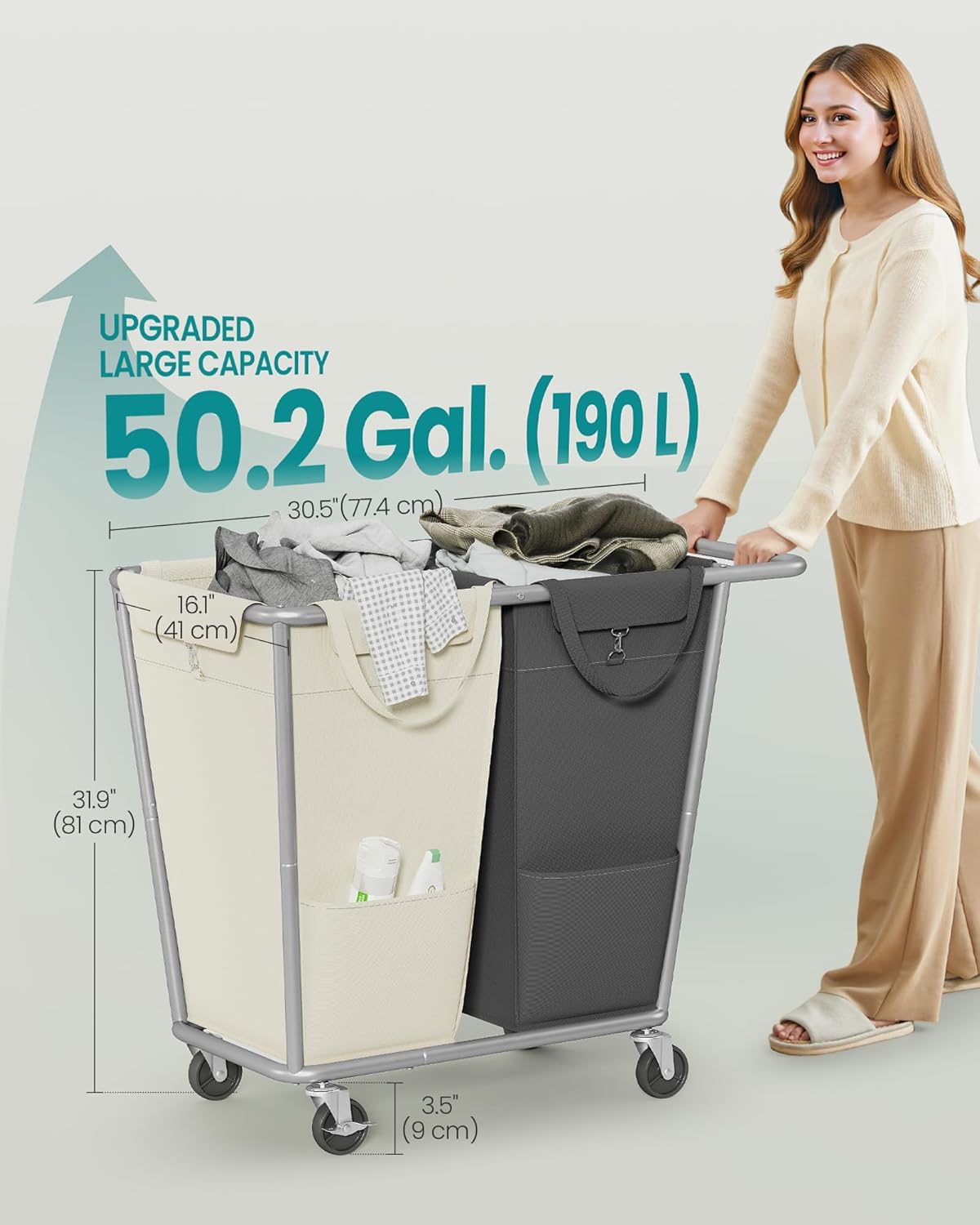 SONGMICS Laundry Basket with Wheels, 50.2 Gallons (190 L), 2-Section Rolling Laundry Hamper with