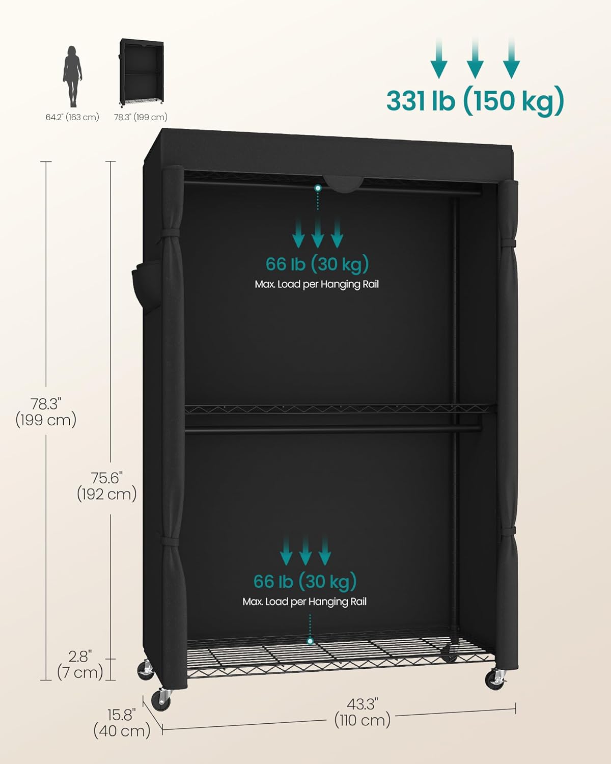 SONGMICS Heavy-Duty Rolling Clothes Rack, Garment Rack, Portable Closet, 43.3-Inch Wide Clothing