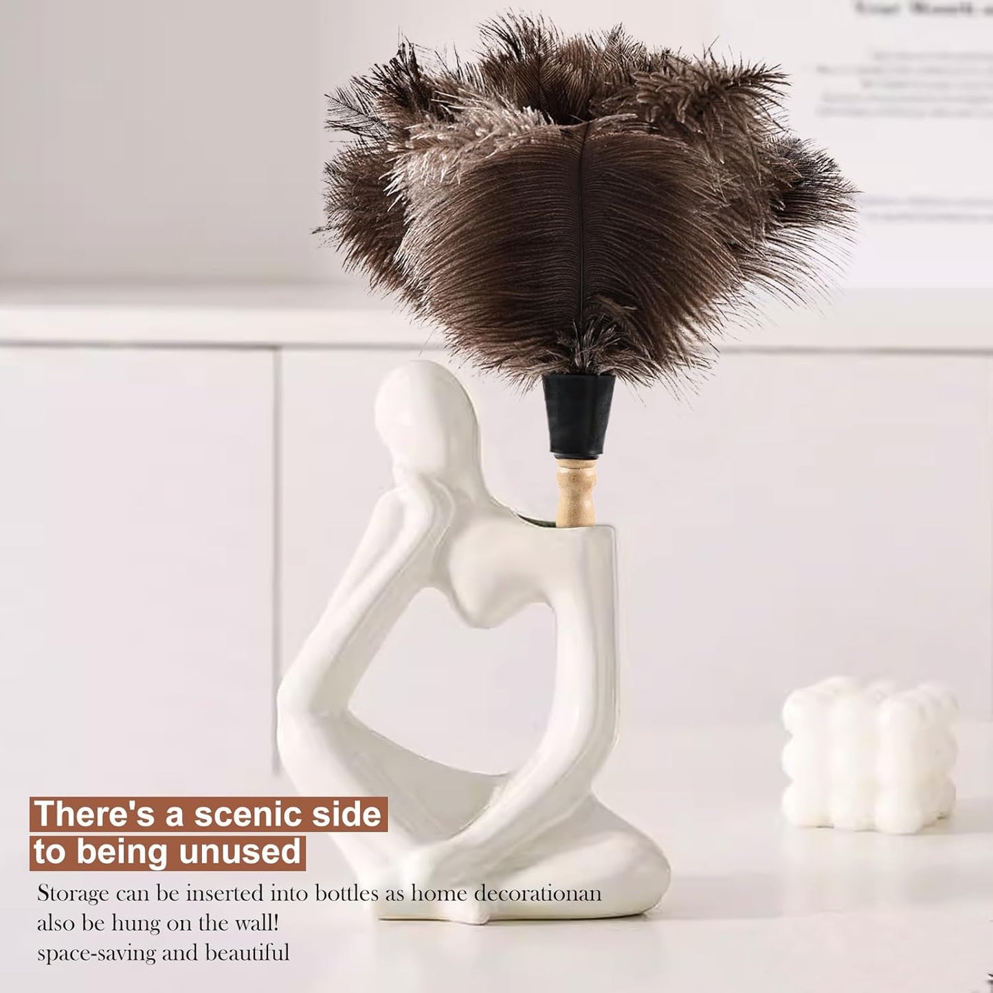 Ostrich Feather Duster 14" Natural Handheld Reusable Feathers Dusters with Wooden Handle for