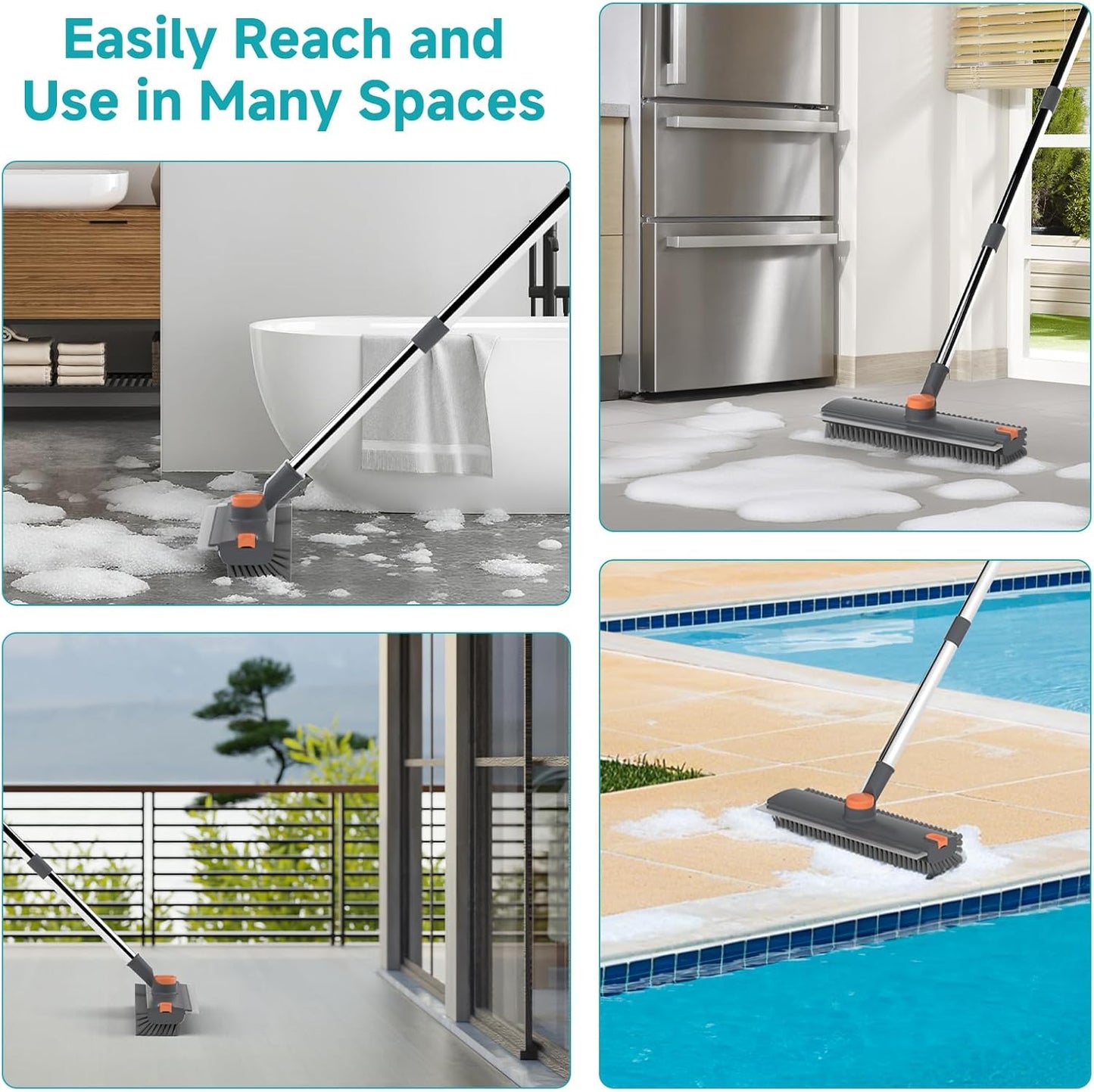 Floor Scrub Brush with Long Handle Length Adjustable, 3 in 1 Heavy-Duty Stiff 90° Bristle Floor