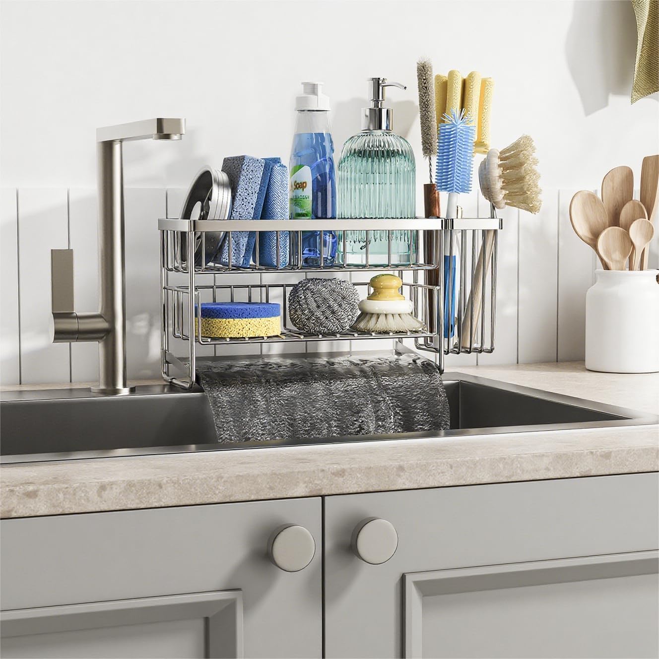 Cisily Silver 2-Tier Kitchen Sink Caddy Organzier Rack with Flexible Dish Brush Holder, Sponge