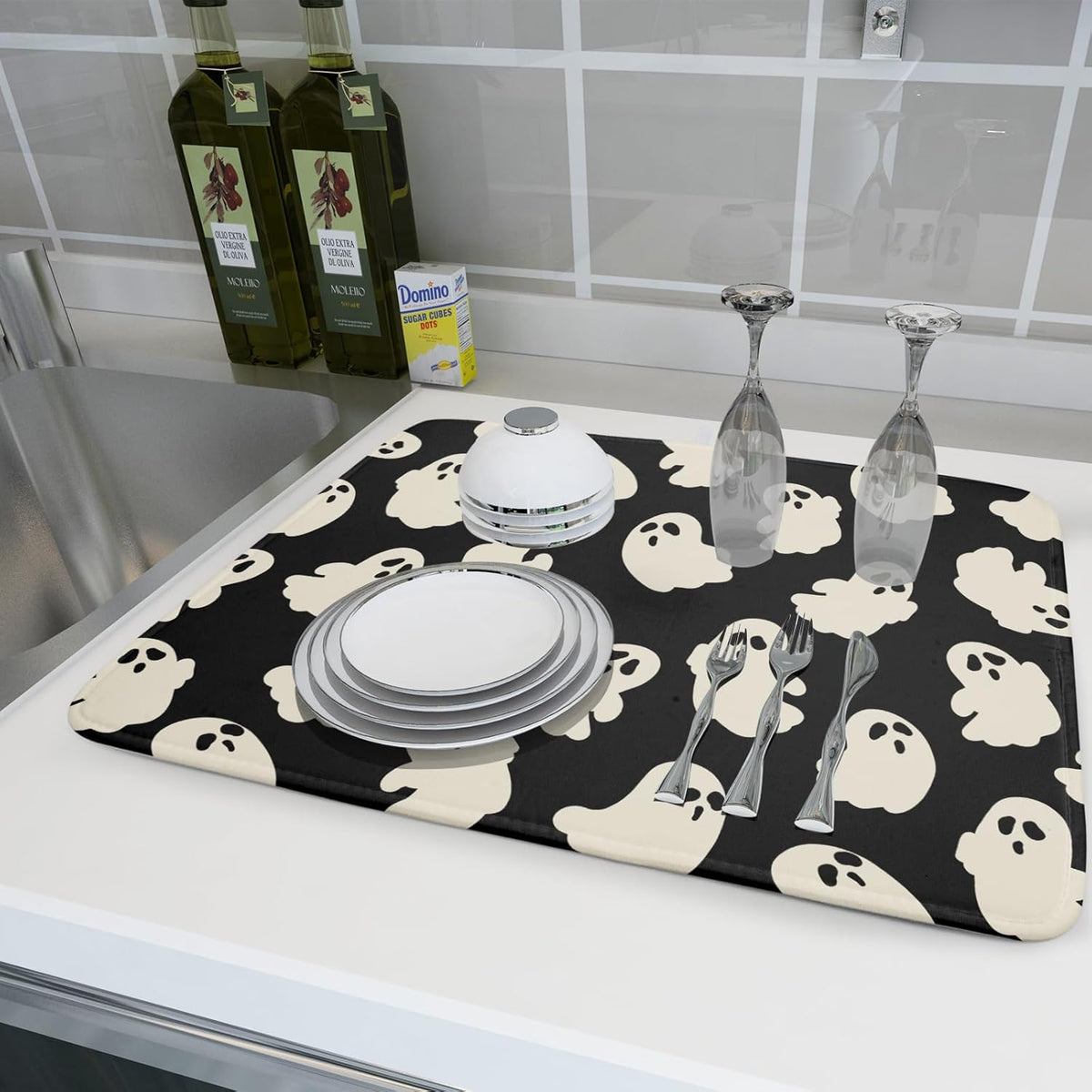 Halloween Ghost Dish Drying Mat 16X18 Inch Spooky Halloween Drying Mat for Kitchen Counter Black