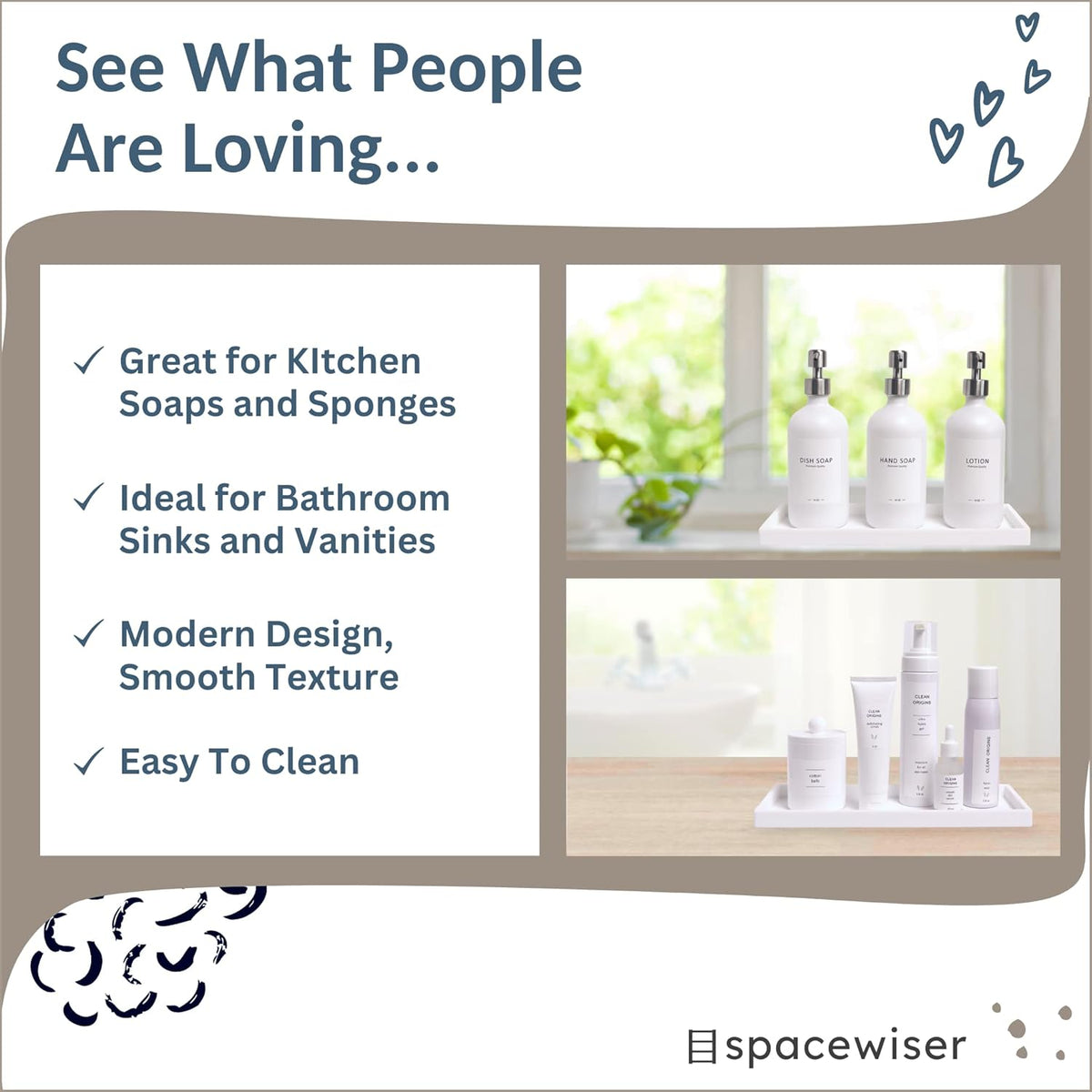 Countertop and Vanity Tray - 2 PC Large 11.7" Silicone Bathroom Trays, Counter Organizer, Dish Soap