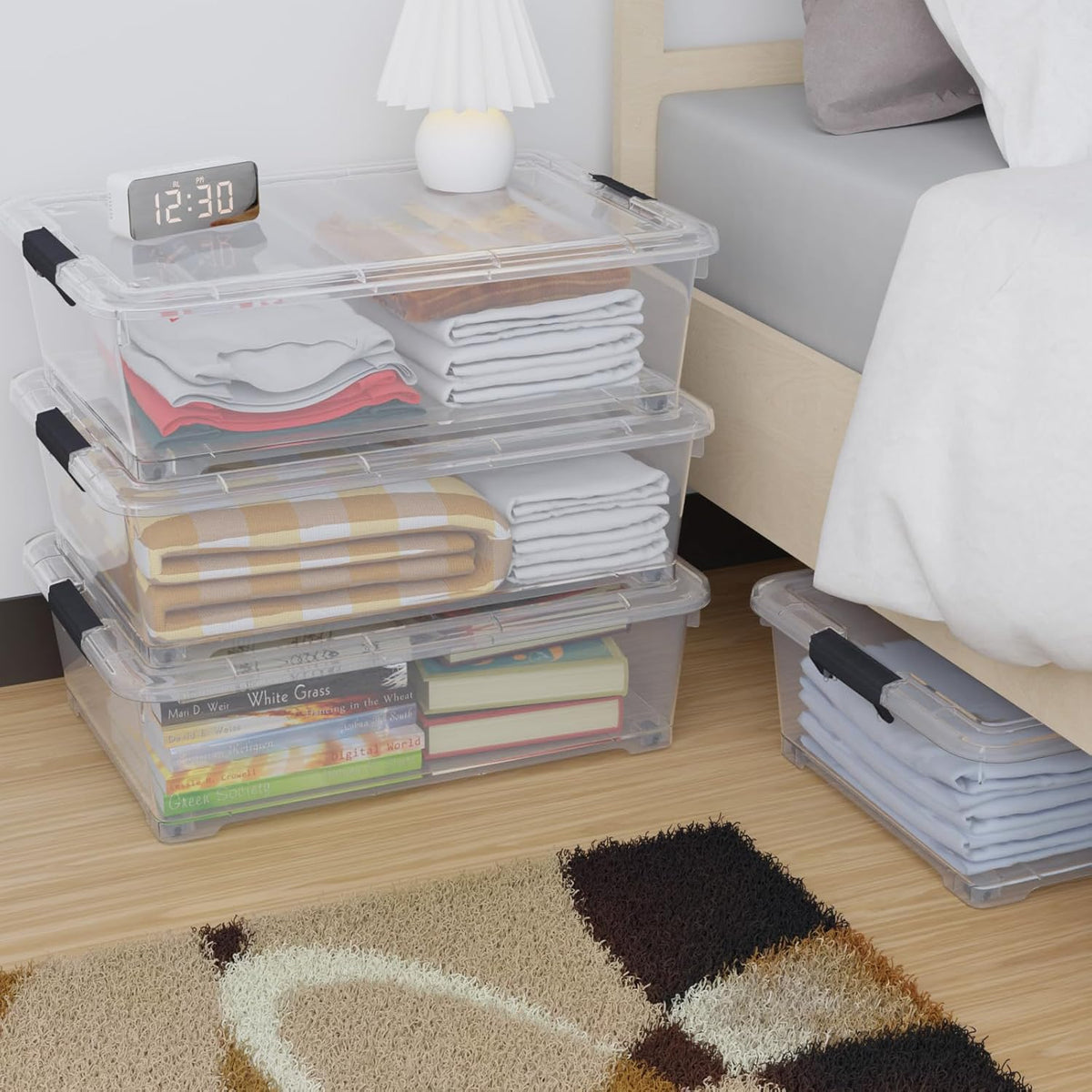 4-Pack 25L Plastic Under Bed Storage Organizer Bin Container with Latch Lids and Wheels, Clothes