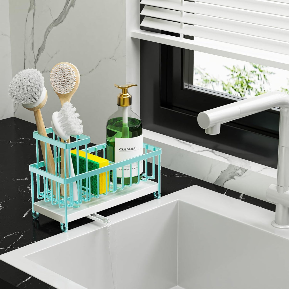 Cisily Turquoise Sponge Holder for Kitchen Sink, Sink Caddy Organizer with High Brush Holder