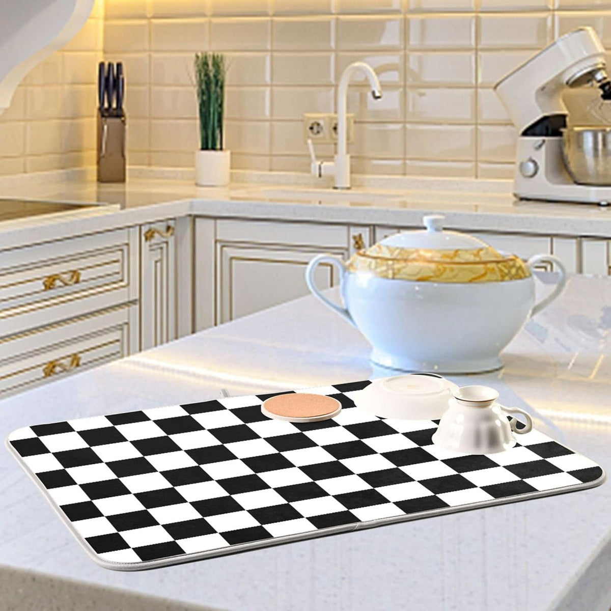 Black White Chessboard Dish Drying Mat for Kitchen Countertop 16x18 Plaid Checkered Rectangle Small