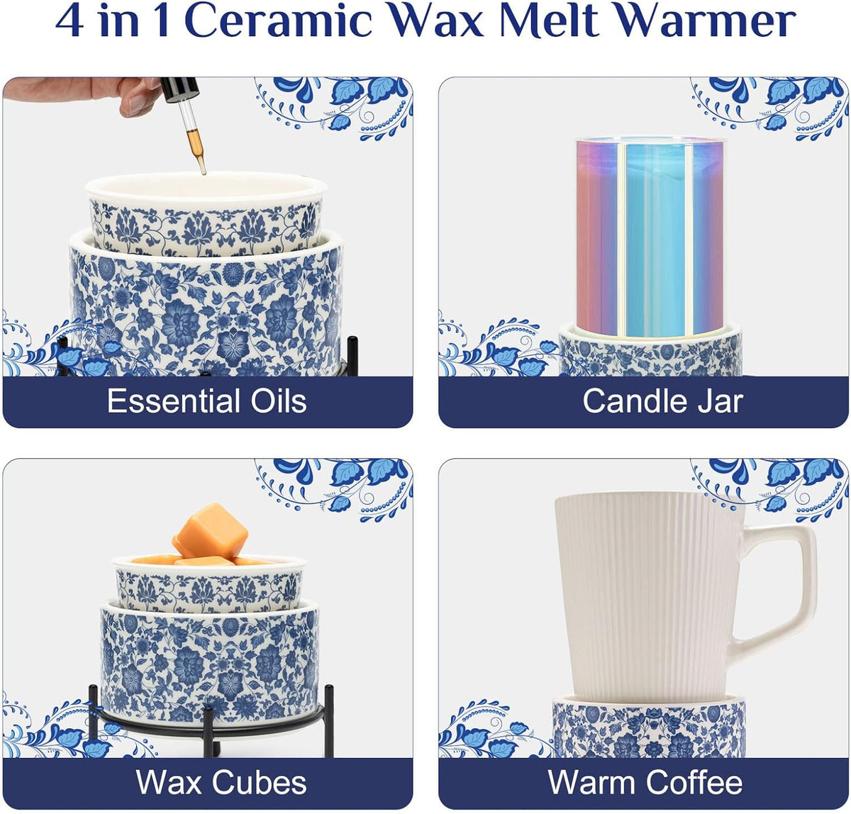 Blue & White Porcelain Pattern Wax Melt Warmer,Ceramic 3-in-1 Electric Candle Wax Warmer for
